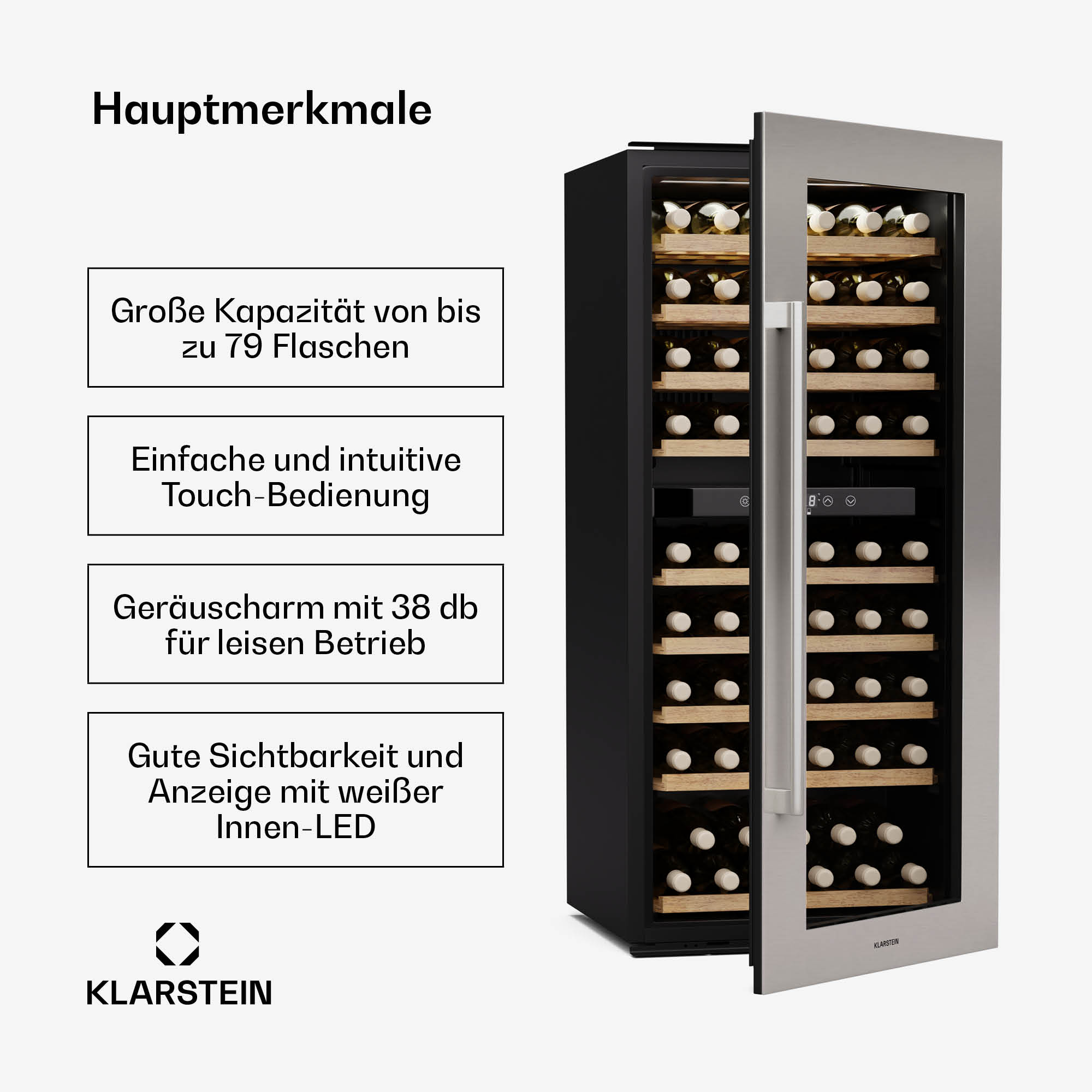Ein Klarstein Weinkühler mit geöffneter Tür, zeigt Weinflaschen im Inneren.
