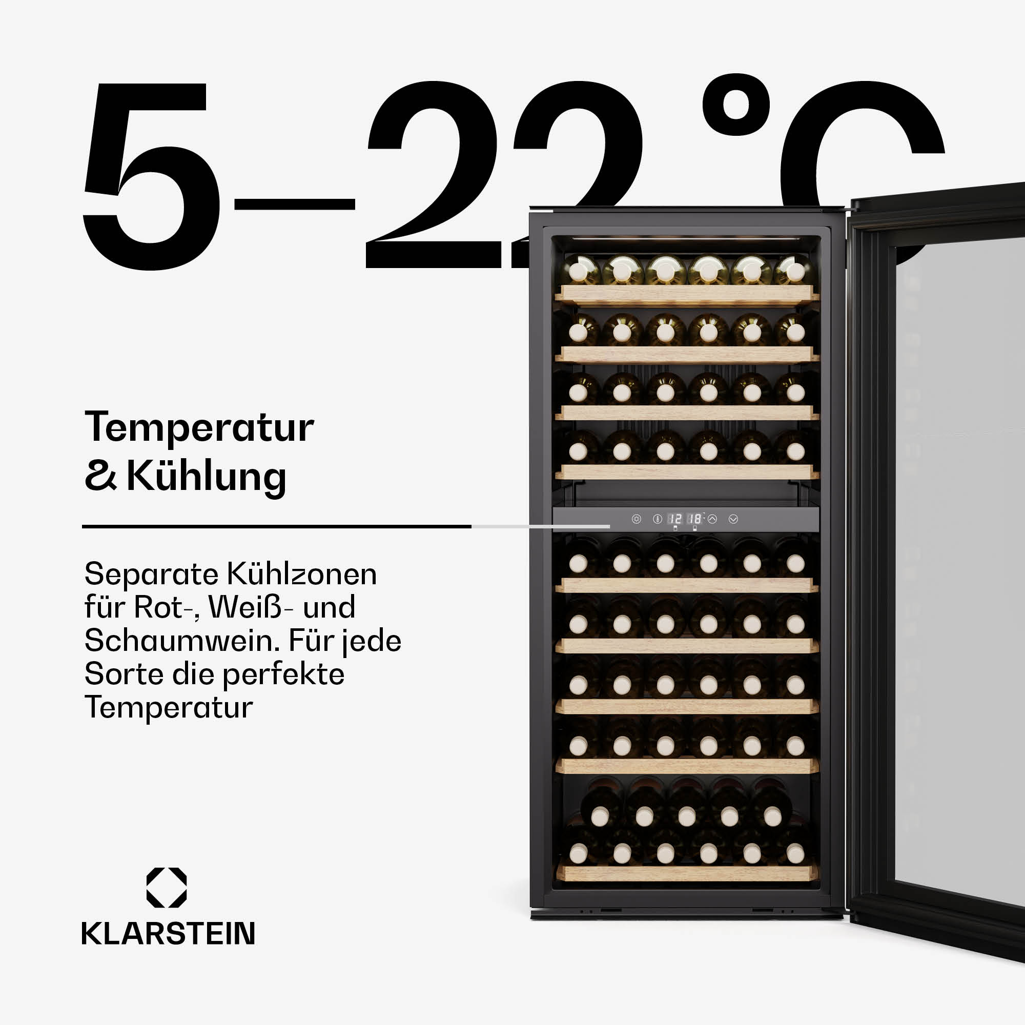 Ein Weinkühler mit Flaschen darin, die den Temperaturbereich von 5-22°C anzeigen.