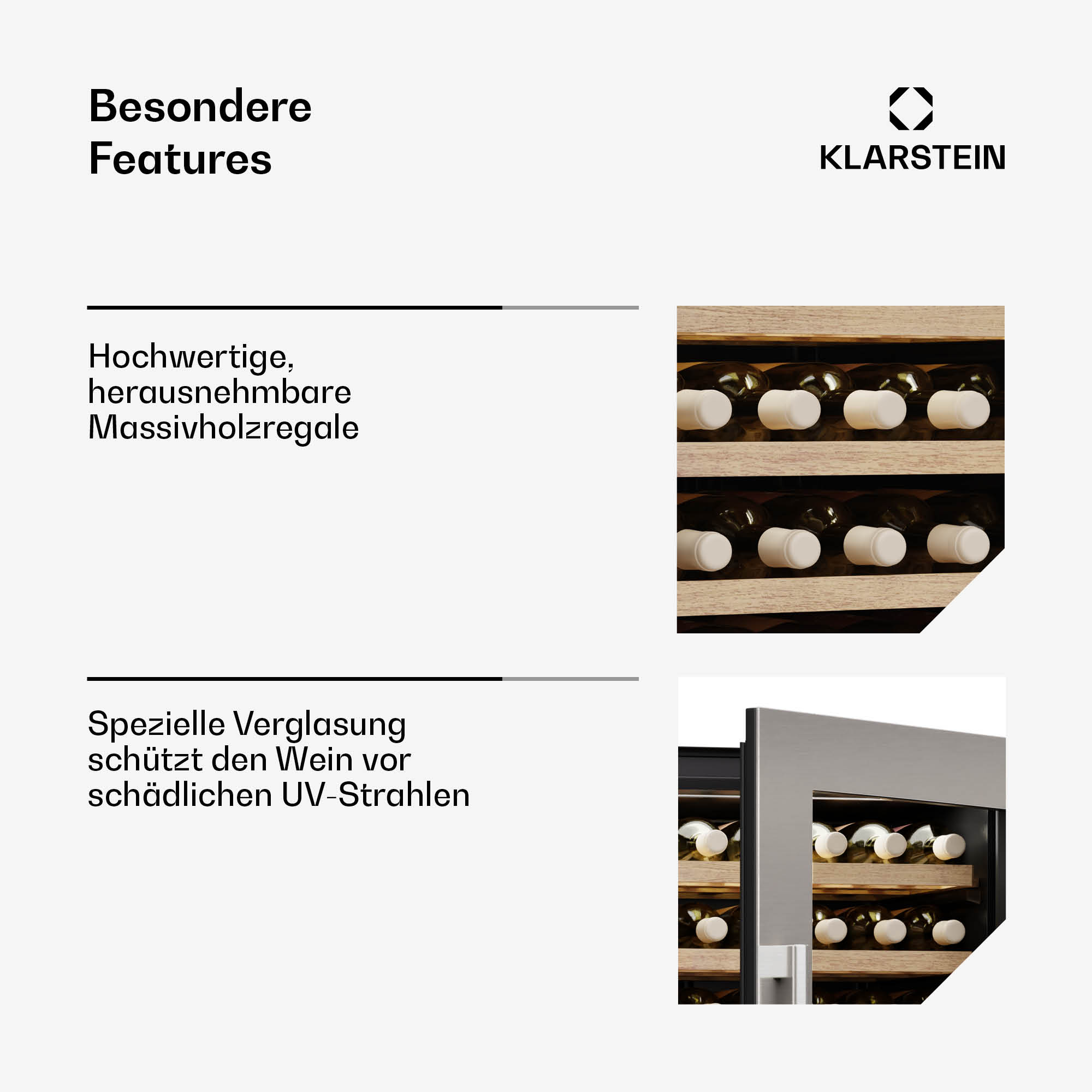 Weinflaschen auf Holzregalen in einem Weinkühler. Klare Glastür.