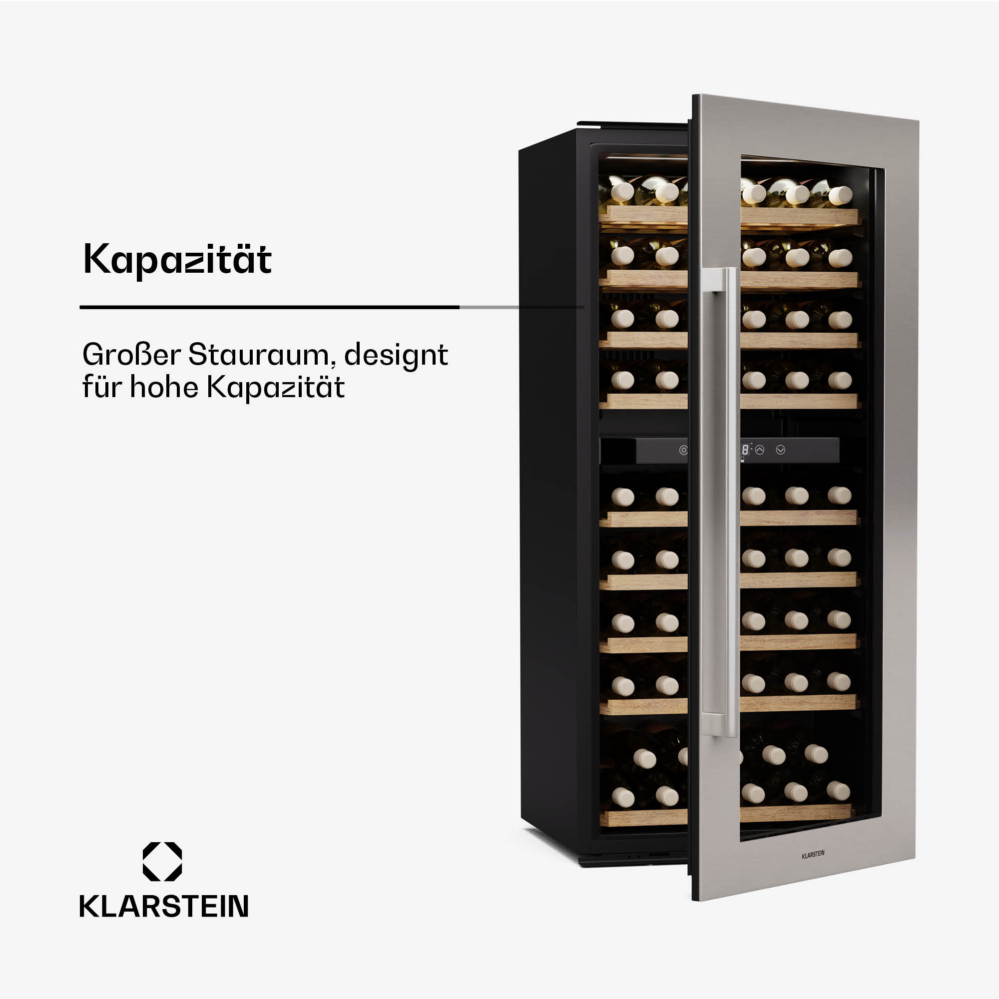 Ein schwarzer Weinkühler mit Glastür, die Flaschen zeigt, mit Kapazitätsinformationen.