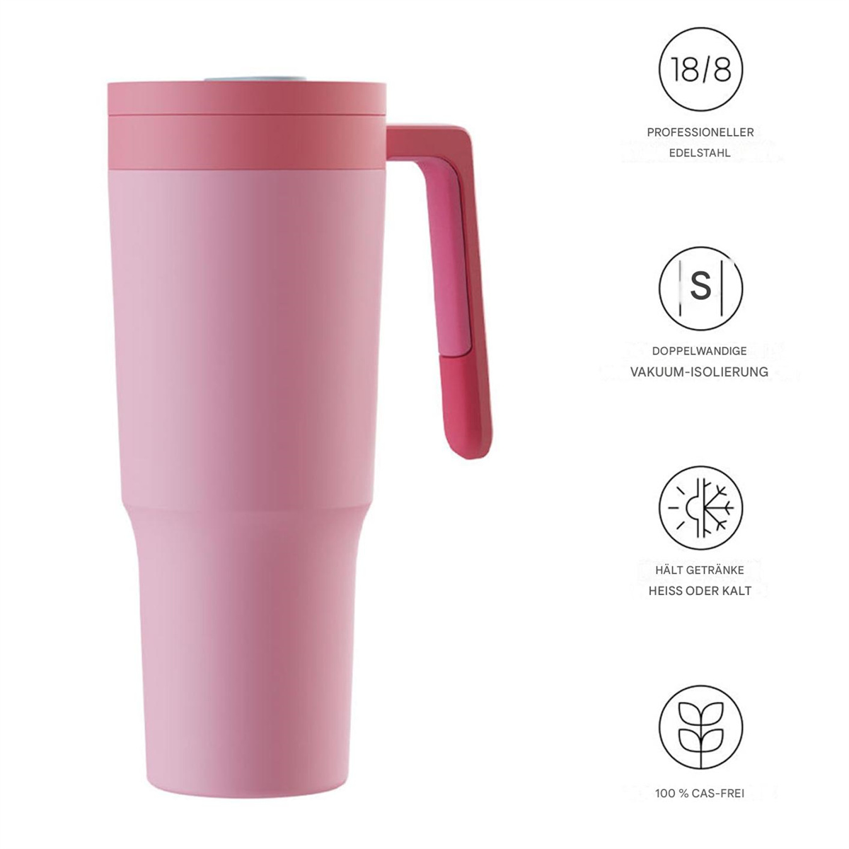 Pinker Reisebecher mit Griff. Hat einen pinken Deckel und einen pinken Griff.