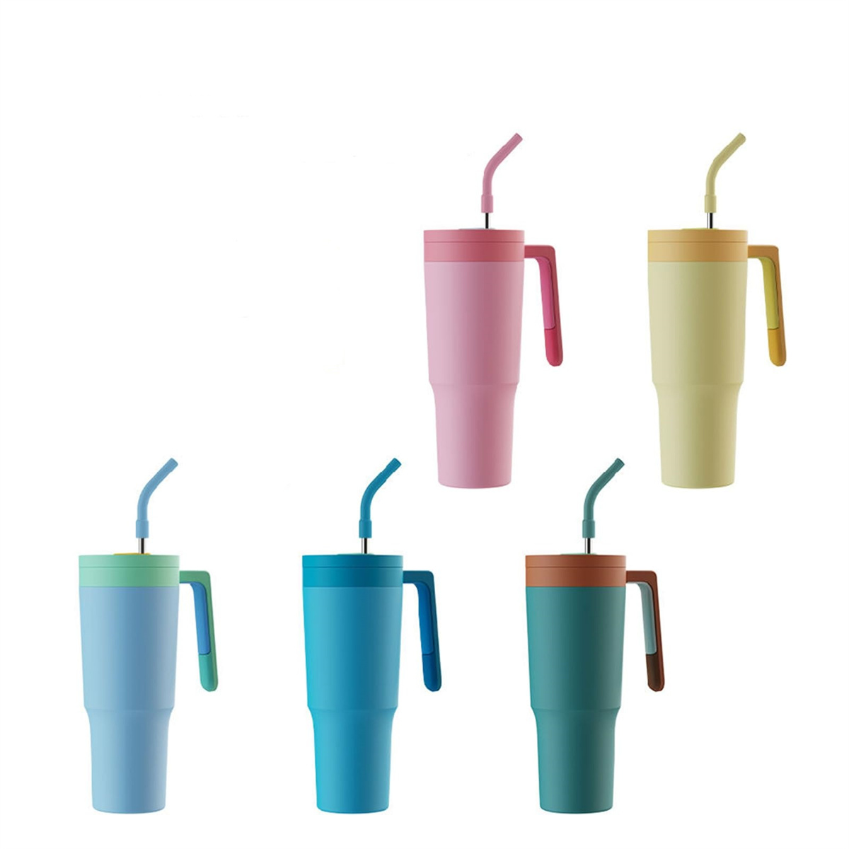 Fünf bunte Becher mit Griffen und Strohhalmen. Farben sind Rosa, Gelb, Grün, Blau und Türkis.