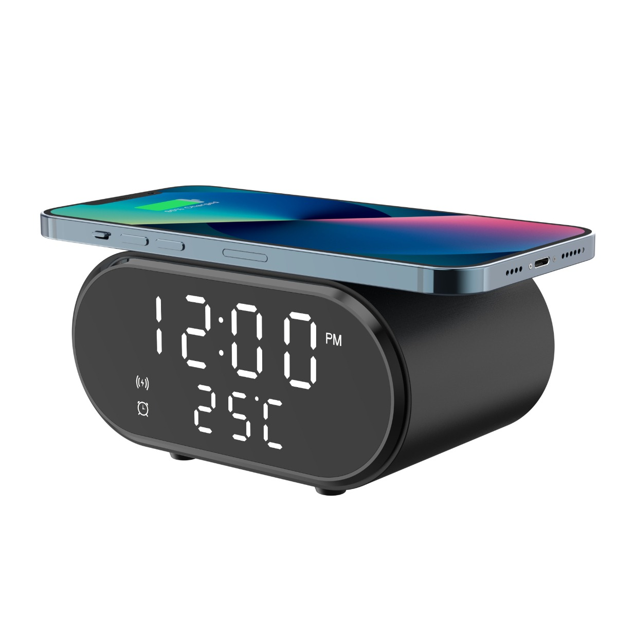 Schwarze Digitaluhr mit einem Telefon, das oben auflädt, zeigt Zeit und Temperatur an.