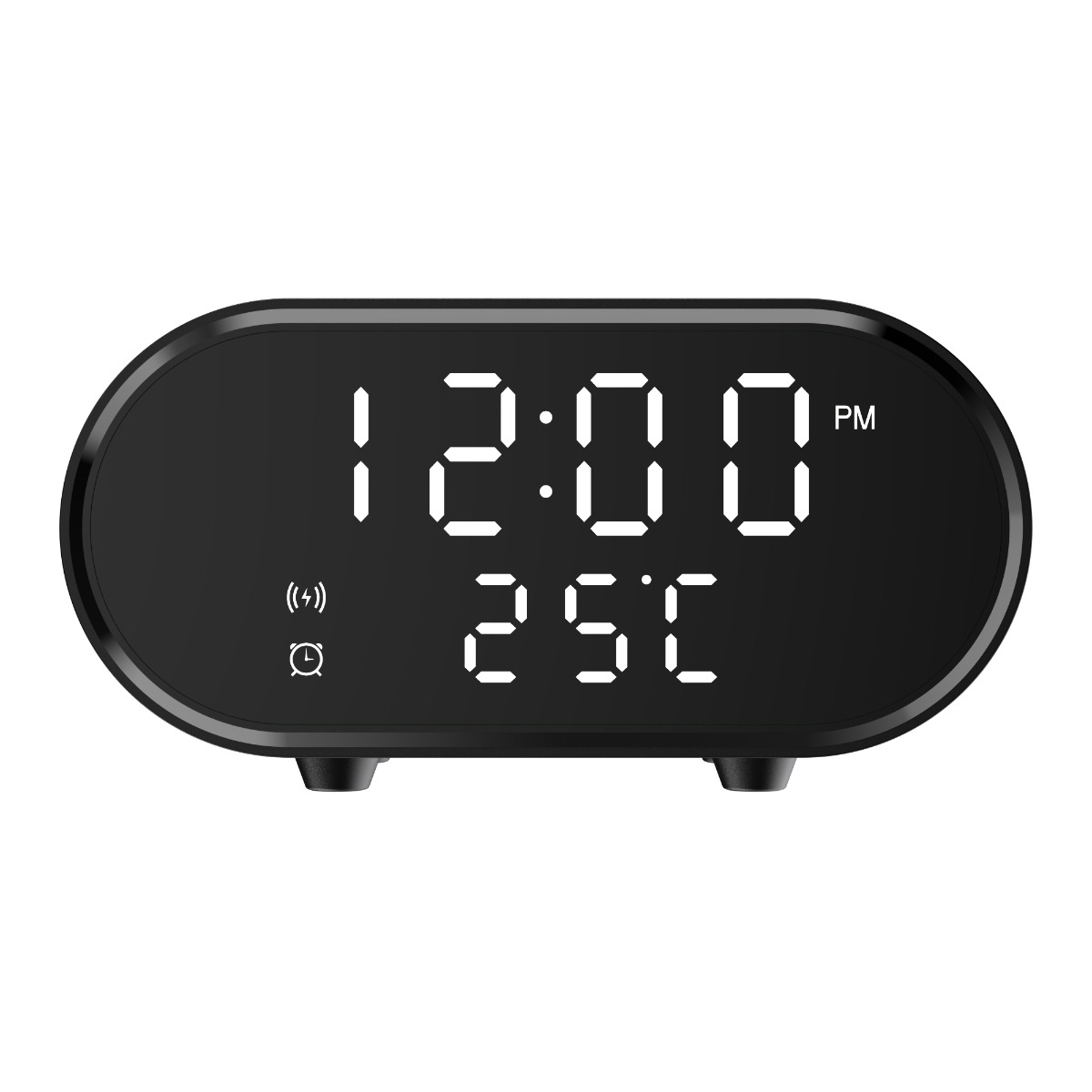 Schwarzer digitaler Wecker mit der Anzeige 12:00 PM und 25C. Er hat ein Uhr- und ein kabelloses Ladesymbol.