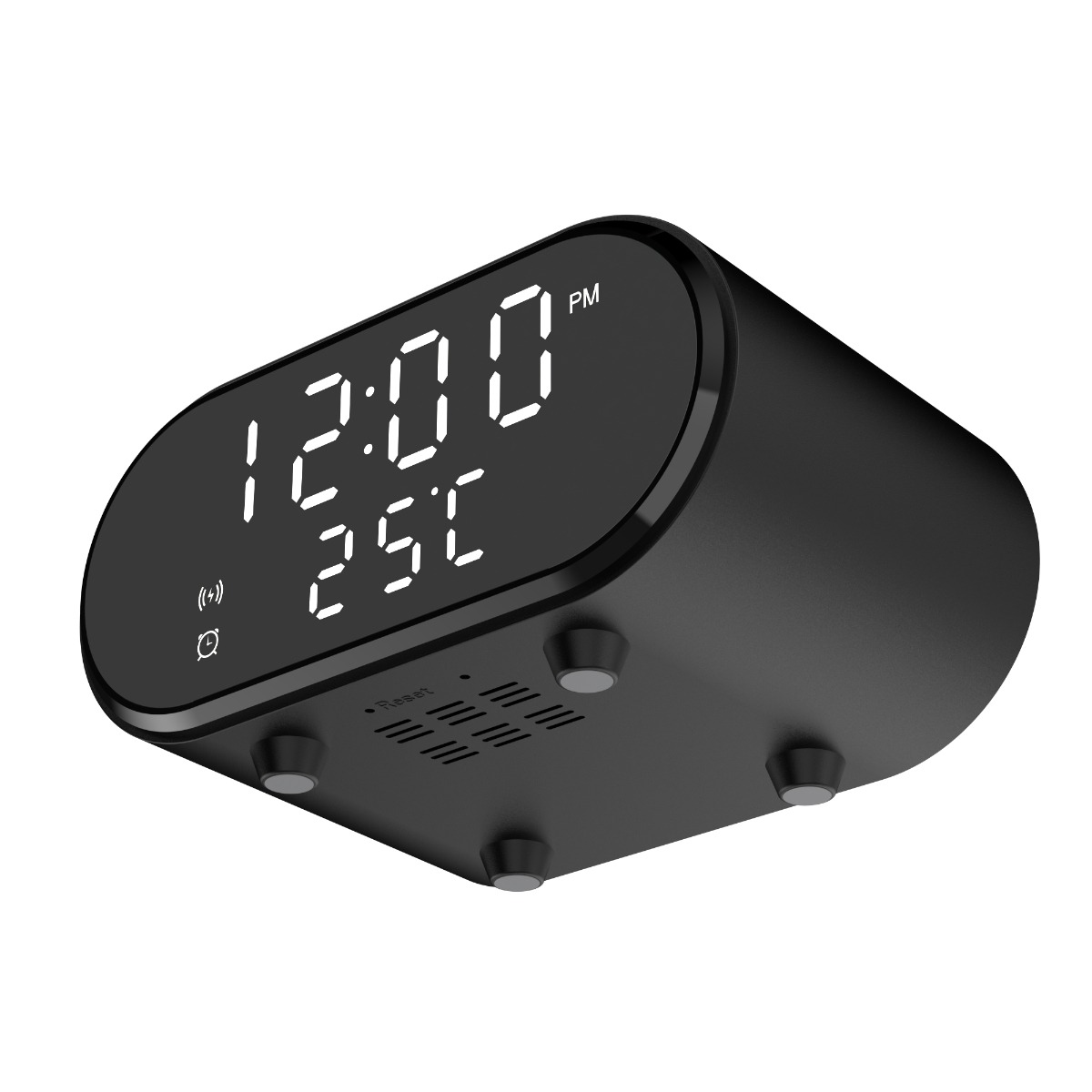 Schwarzer digitaler Wecker mit Anzeige 12:00 und 25°C. Er hat Knöpfe unten.
