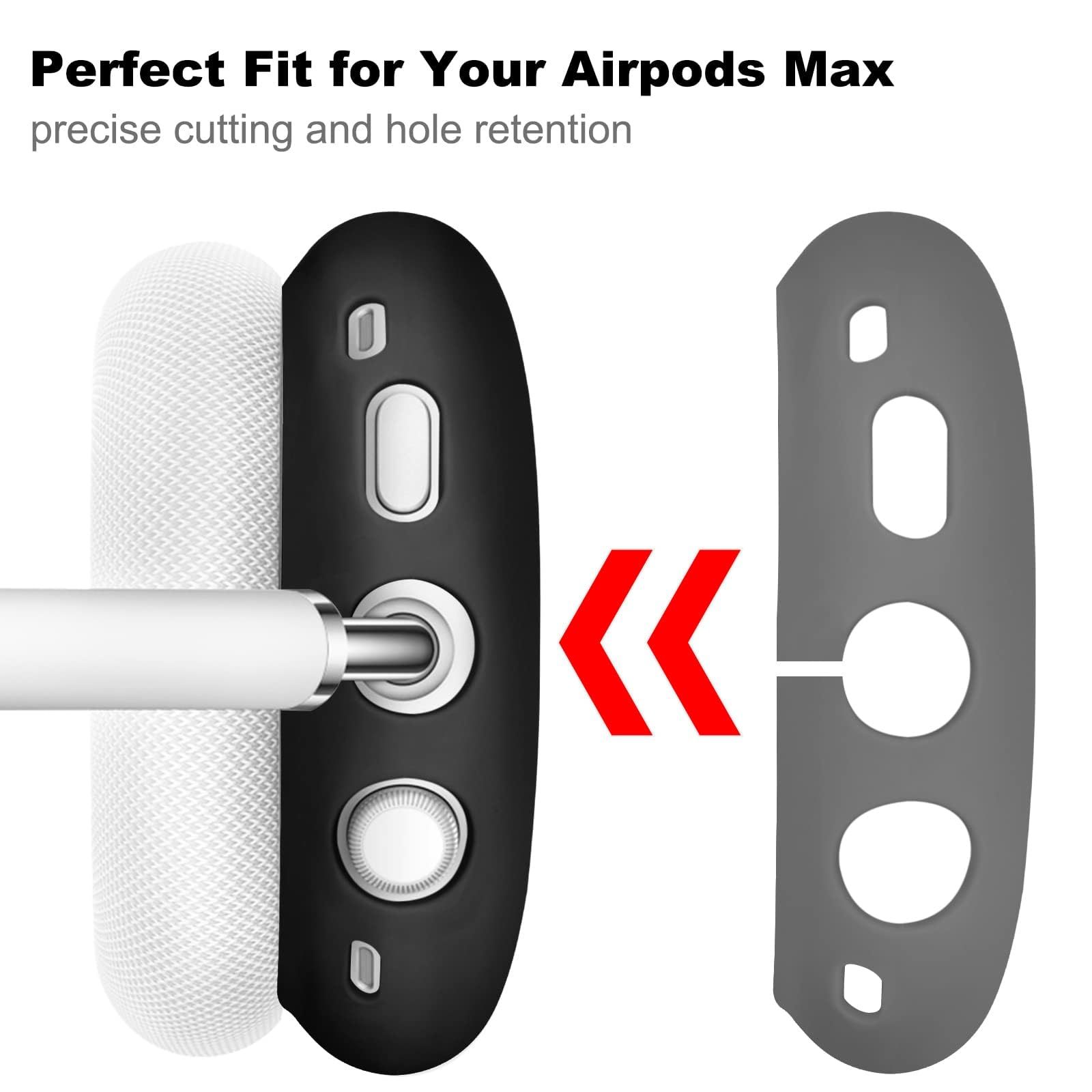 Graues Case für AirPods Max, mit eingesetztem weißen Kopfhörer und Schutzhülle.