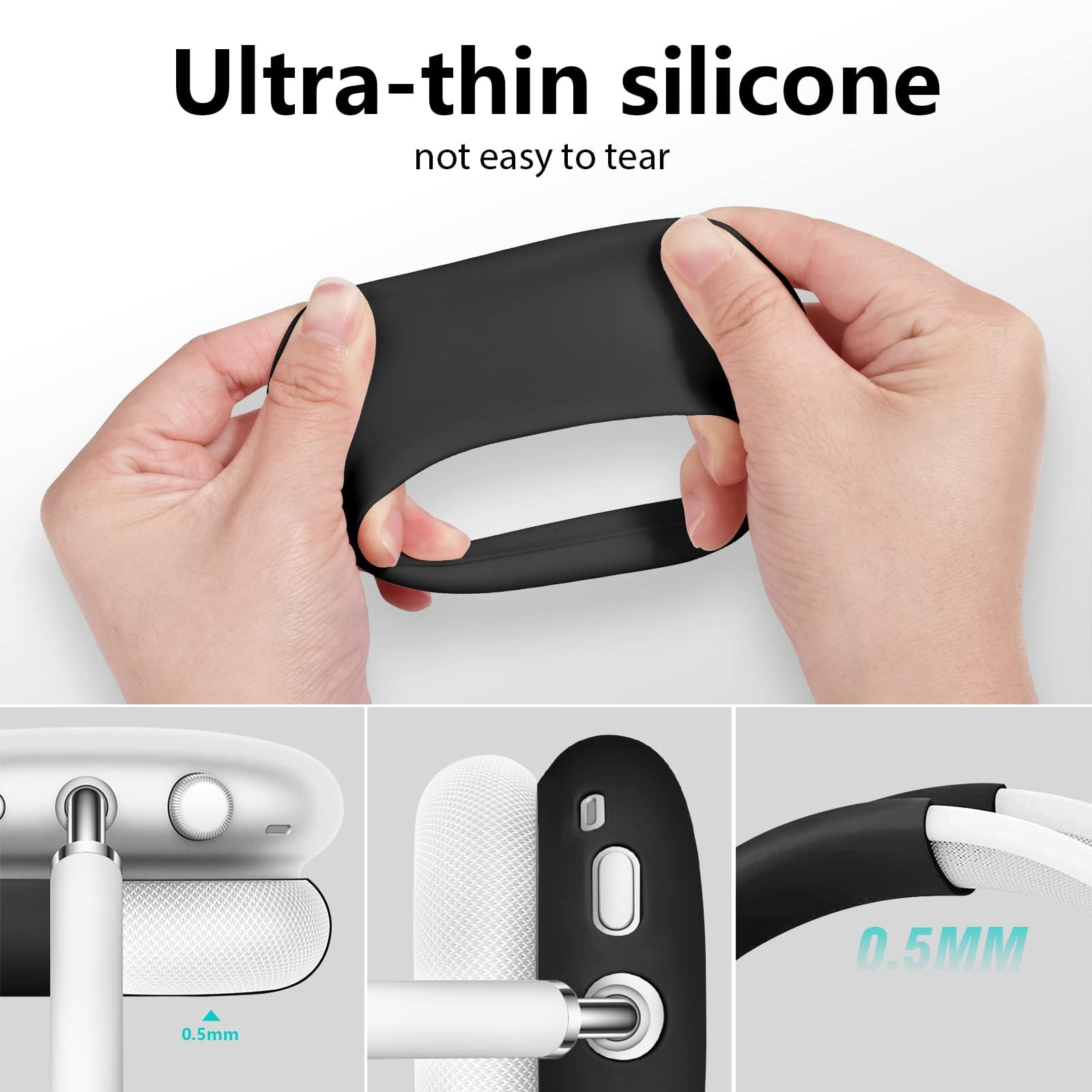 Hände dehnen ein schwarzes Silikonband, mit Detailaufnahmen des Produkts.