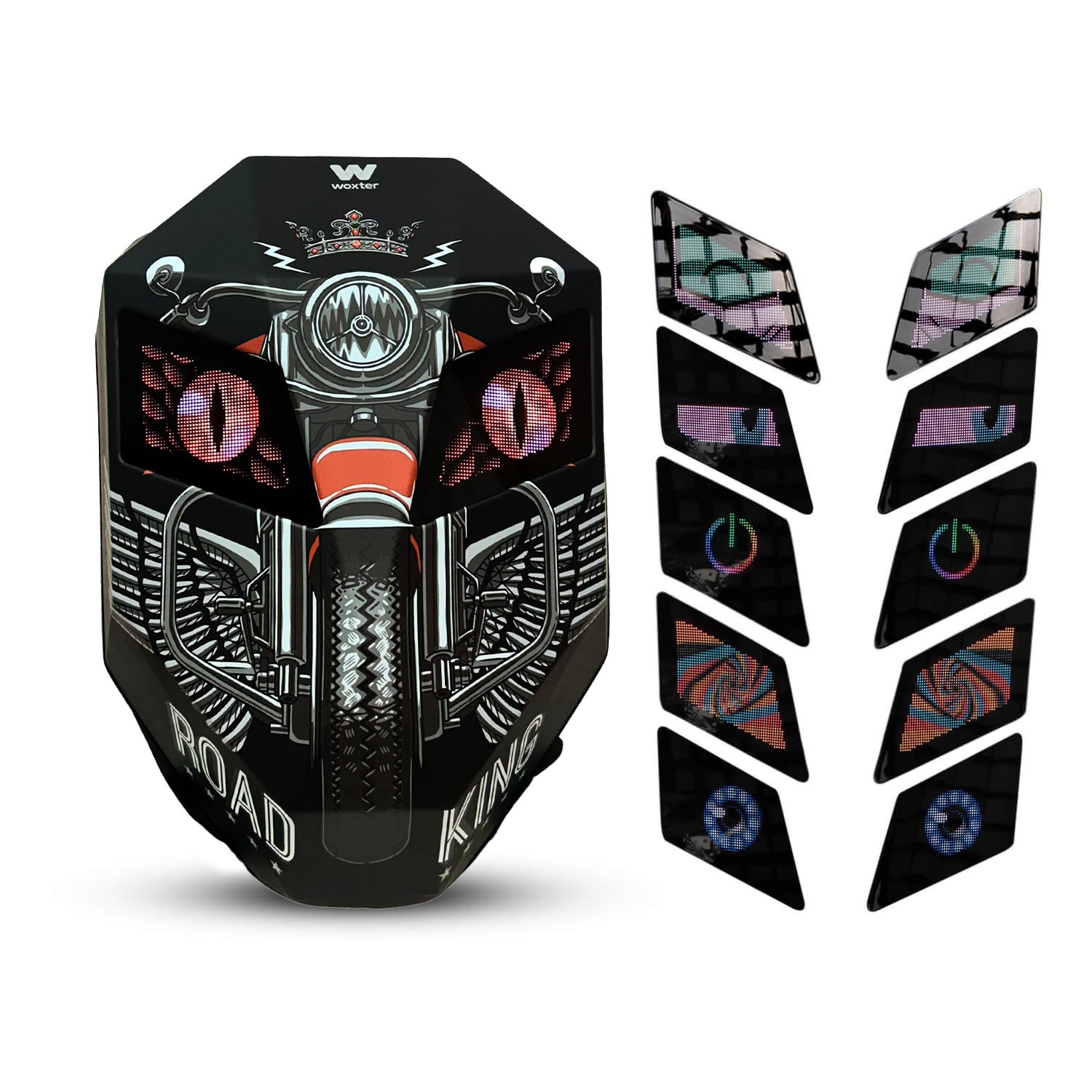 Altavoz negro con diseño de motocicleta. Hay luces LED en la parte delantera con la palabra road king.