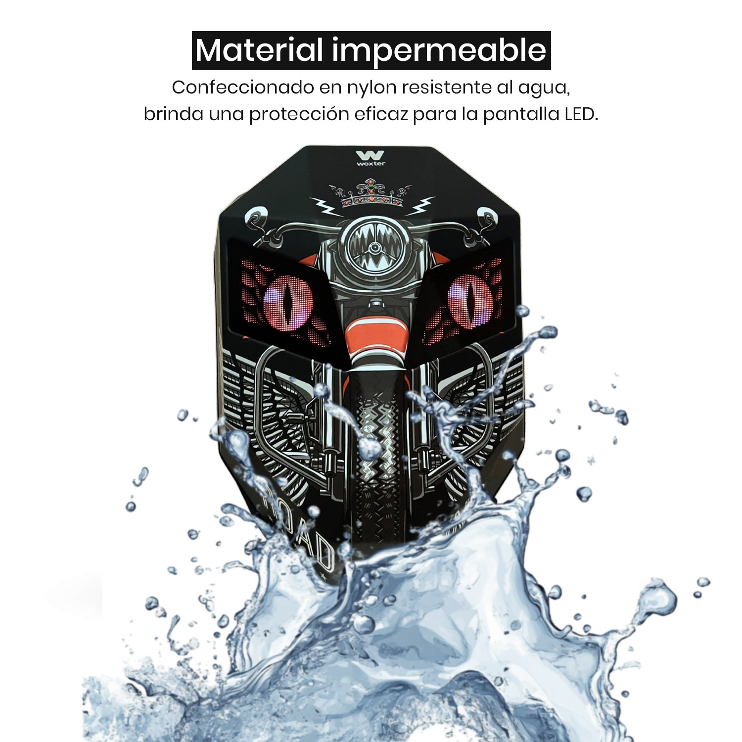 Altavoz con diseño de motocicleta y salpicadura de agua. Texto. Fondo blanco.