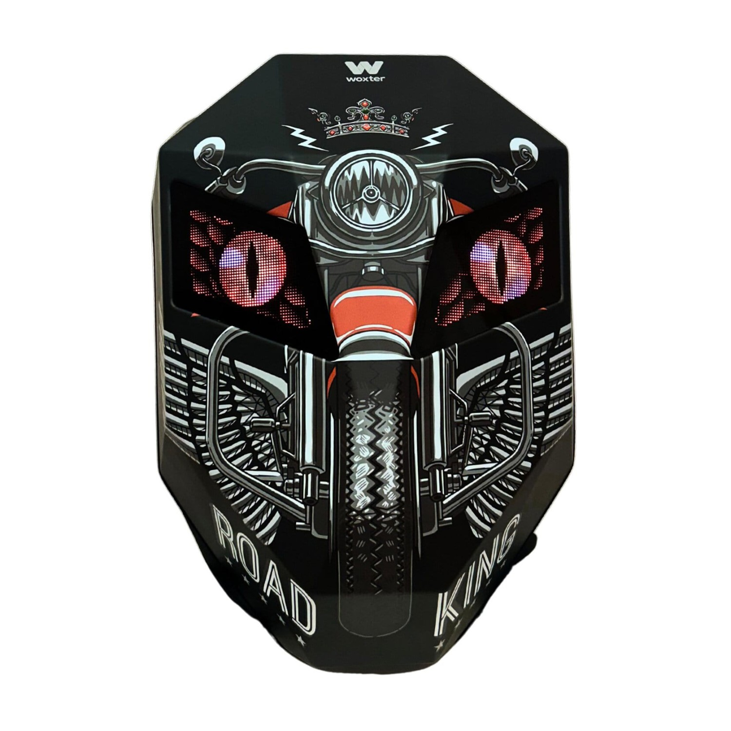 Mochila de moto negra con luces led en los ojos y la palabra ROAD KING.