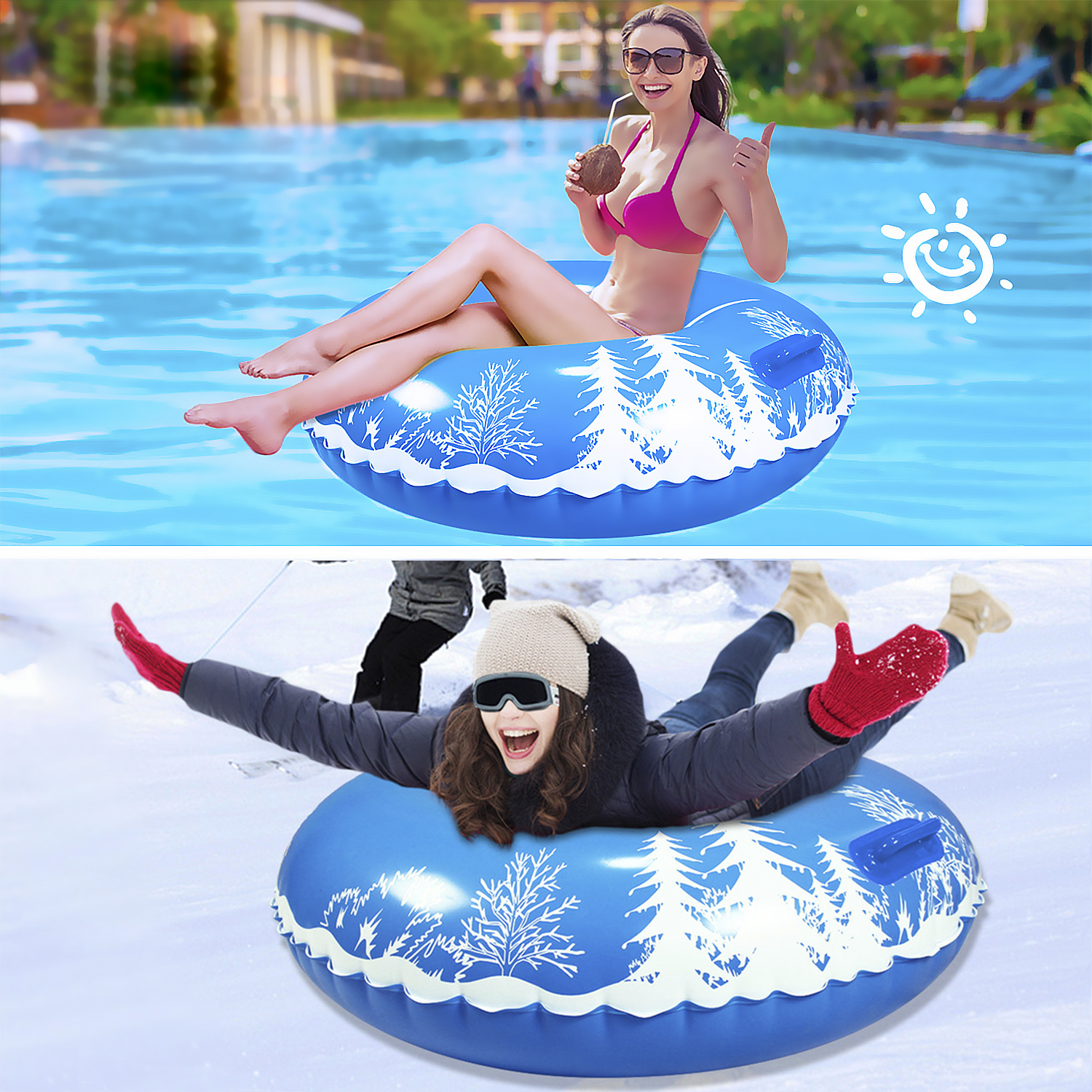 Due immagini. Donna in piscina su galleggiante blu e donna sulla neve su galleggiante simile.
