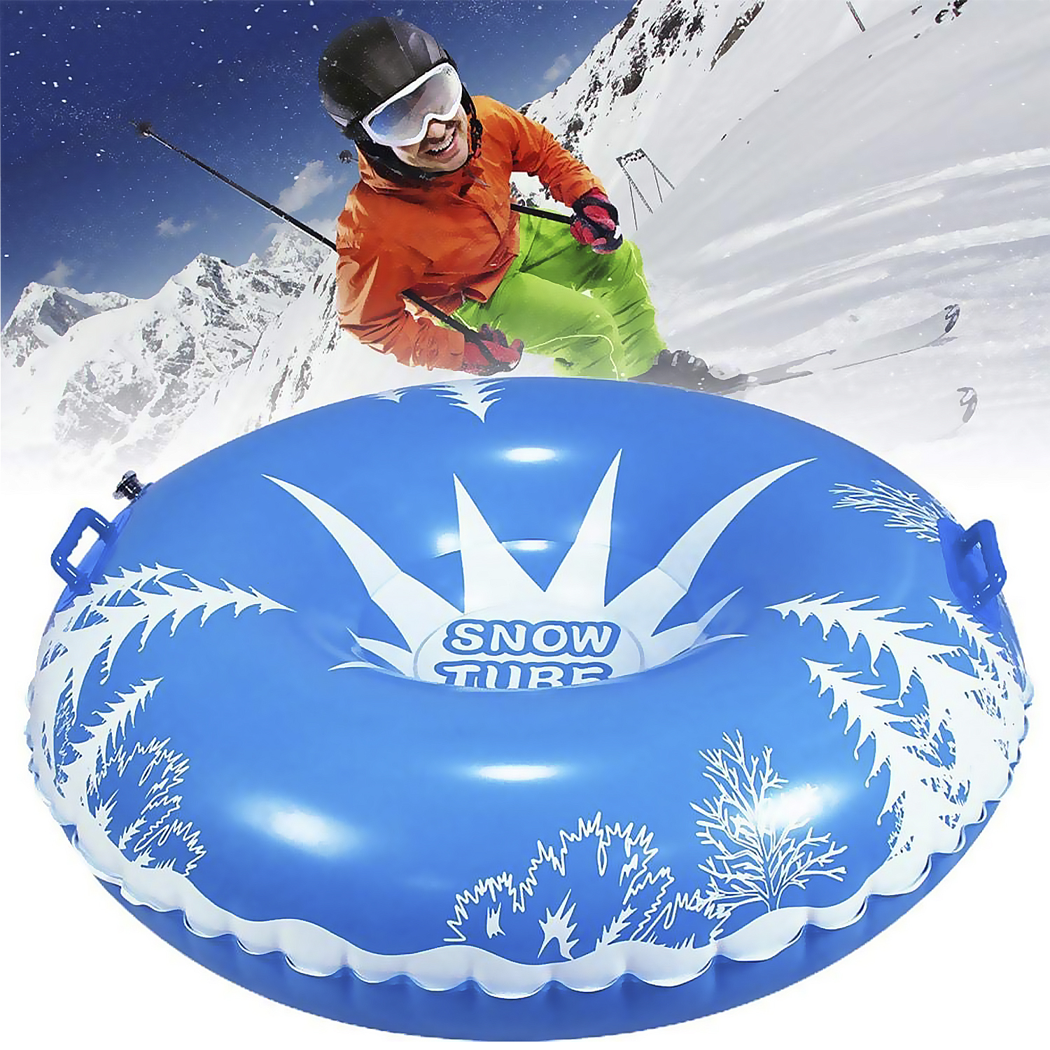 Gommone da neve blu con sciatore sullo sfondo, montagne innevate.