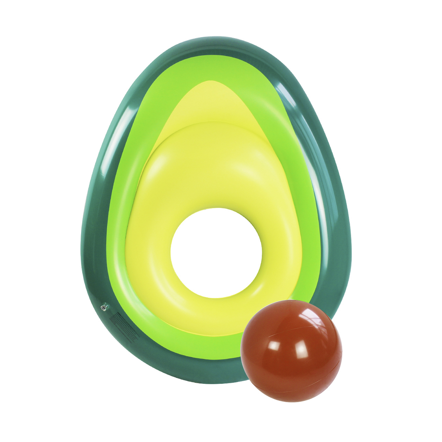 Un flotador de piscina con forma de aguacate con una pelota.