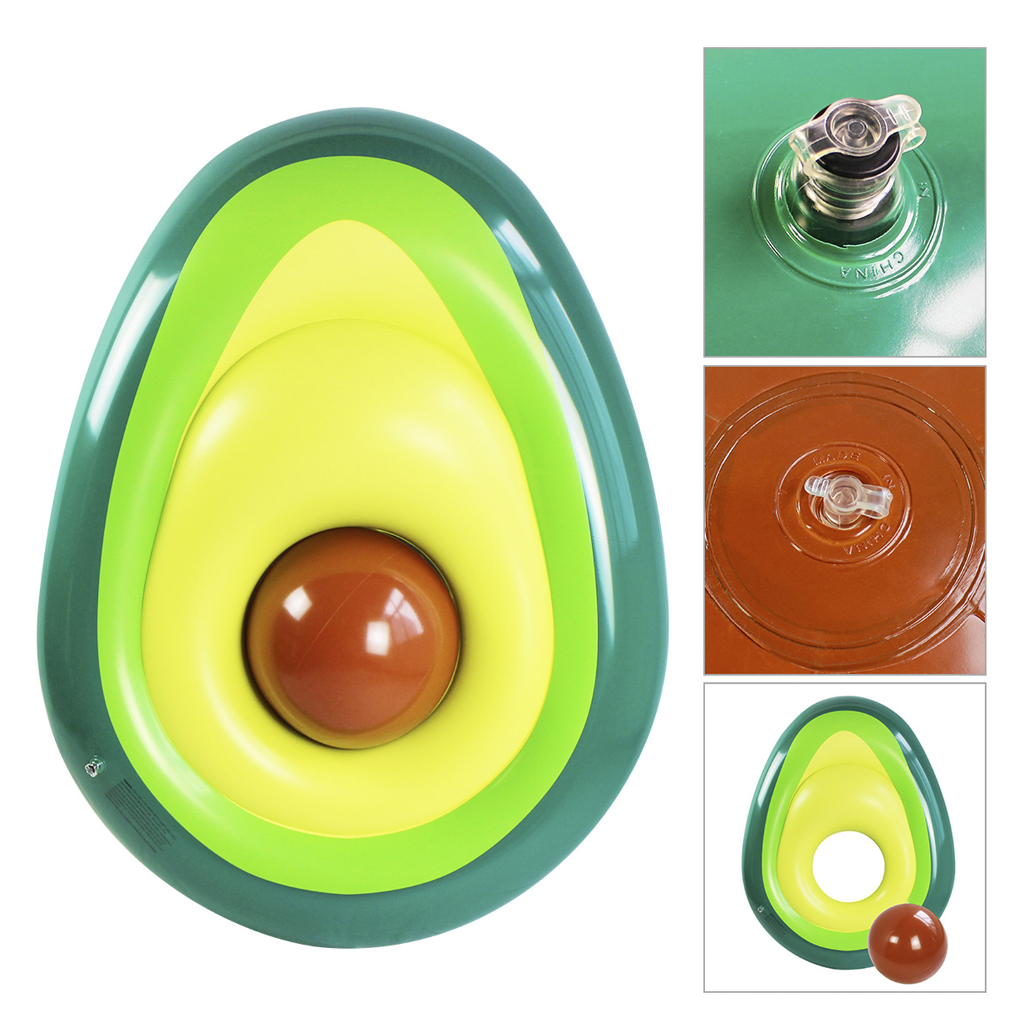 Flotador inflable con forma de aguacate, con colores verdes, amarillos y marrones. Muestra detalles de las válvulas de aire.