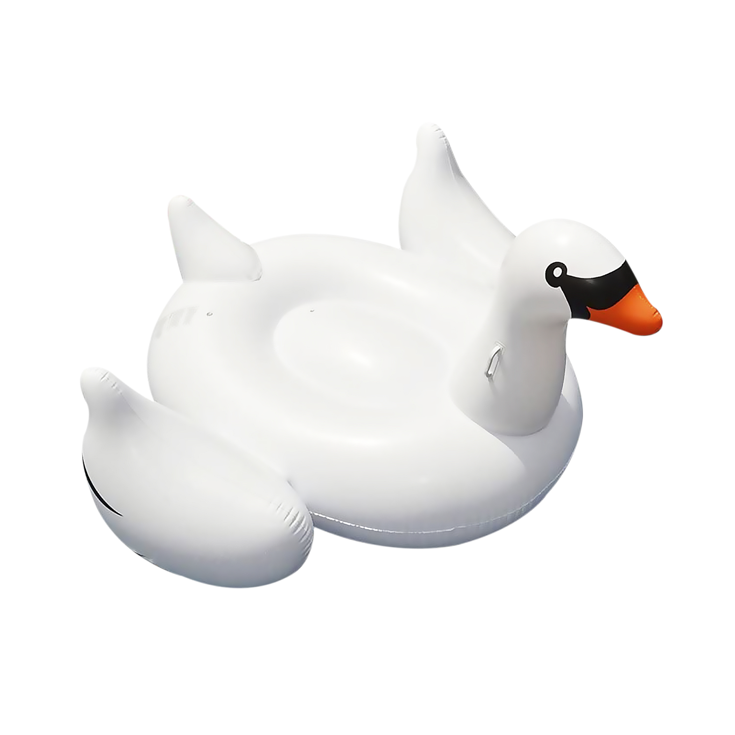Un flotador de cisne inflable blanco. Tiene un pico negro y detalles naranjas.