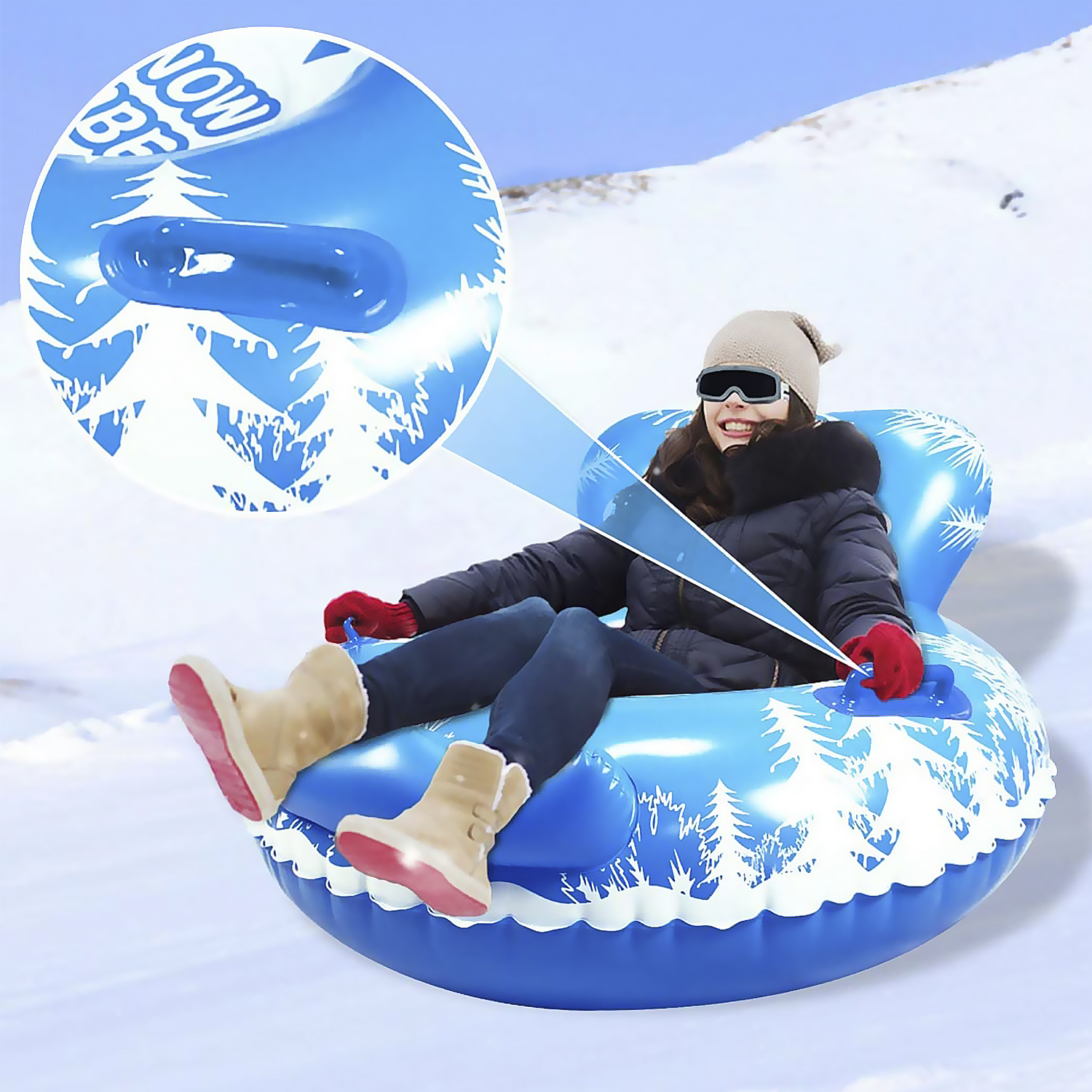 Mujer en un tubo de nieve azul en una colina nevada con detalle del asa ampliado.