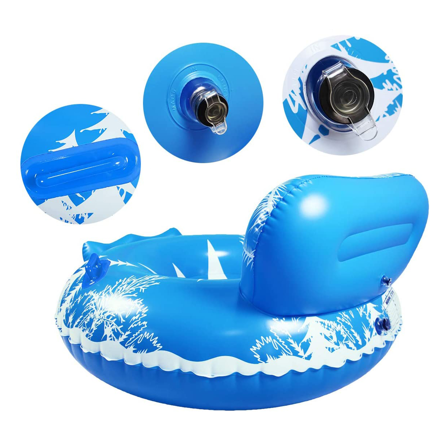 Flotador inflable azul con detalles blancos. Tiene tres imágenes detalladas.