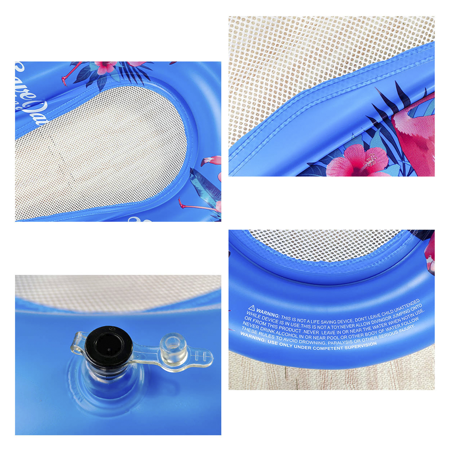 Primer plano de un flotador inflable azul, con detalles de malla y etiquetas de advertencia.