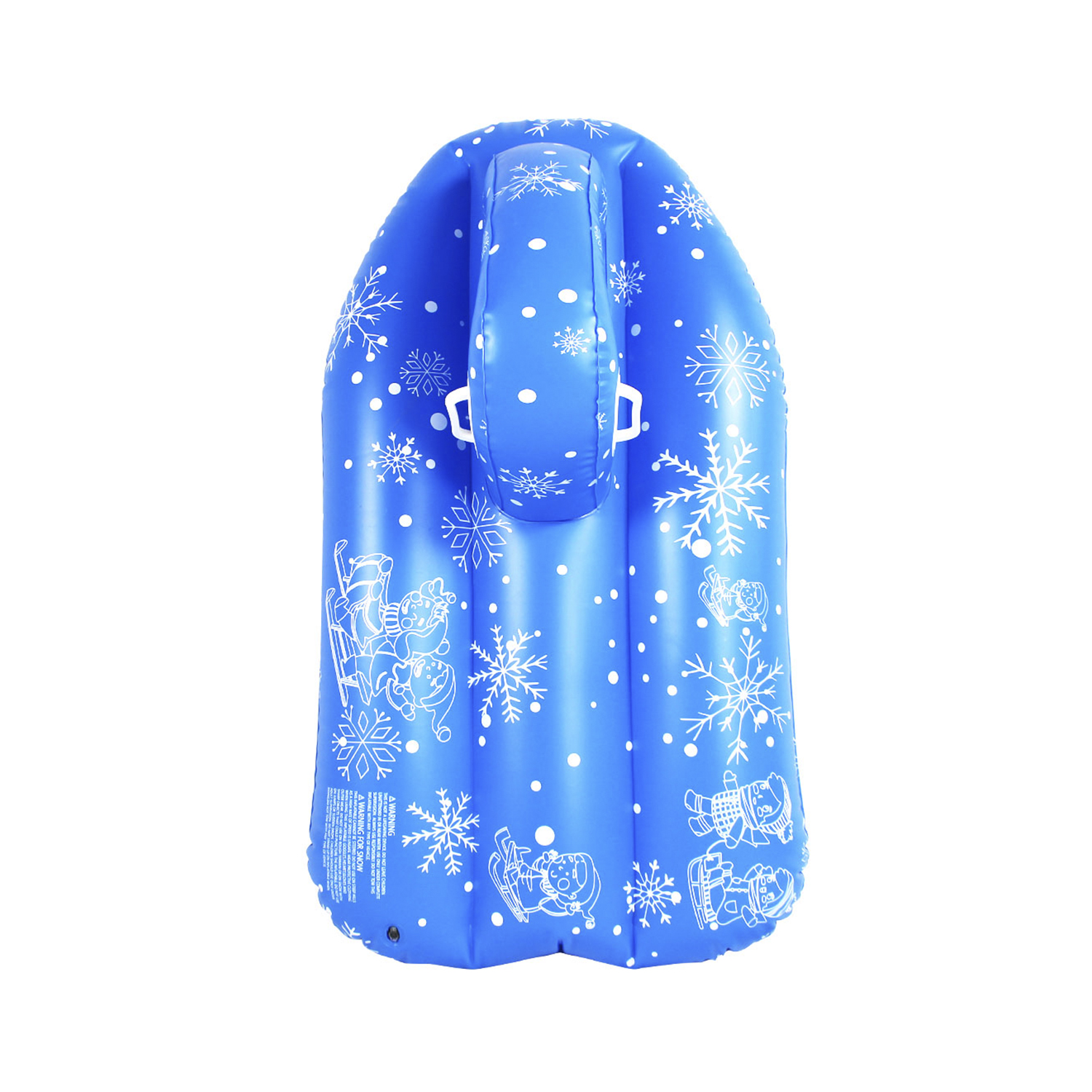 Trineo de nieve inflable azul con diseños de copos de nieve y dibujos animados. Fondo blanco.
