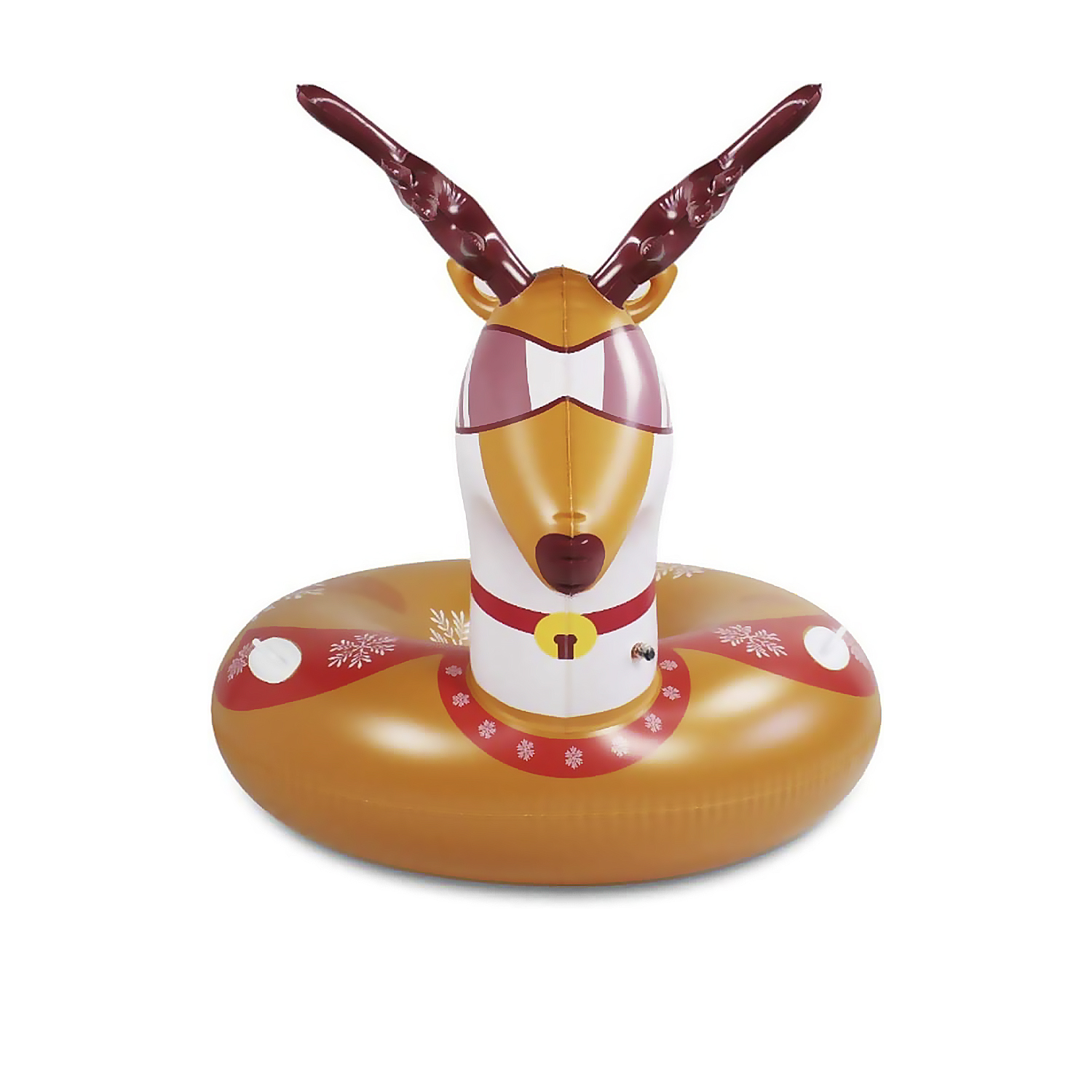 Un flotador inflable de reno con gafas de sol y un collar rojo. Aislado sobre fondo blanco.