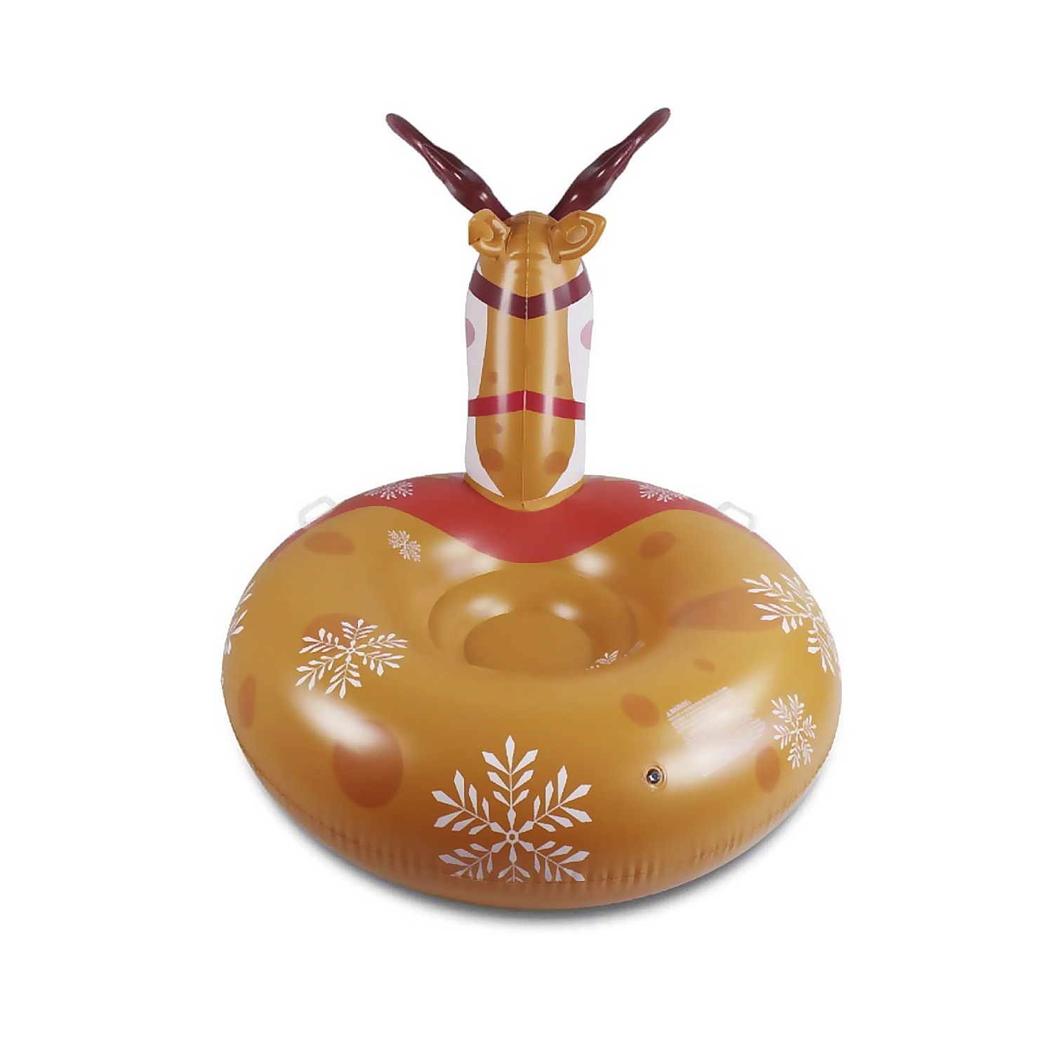 Flotador de nieve inflable de reno, naranja con copos de nieve y cabeza de reno.