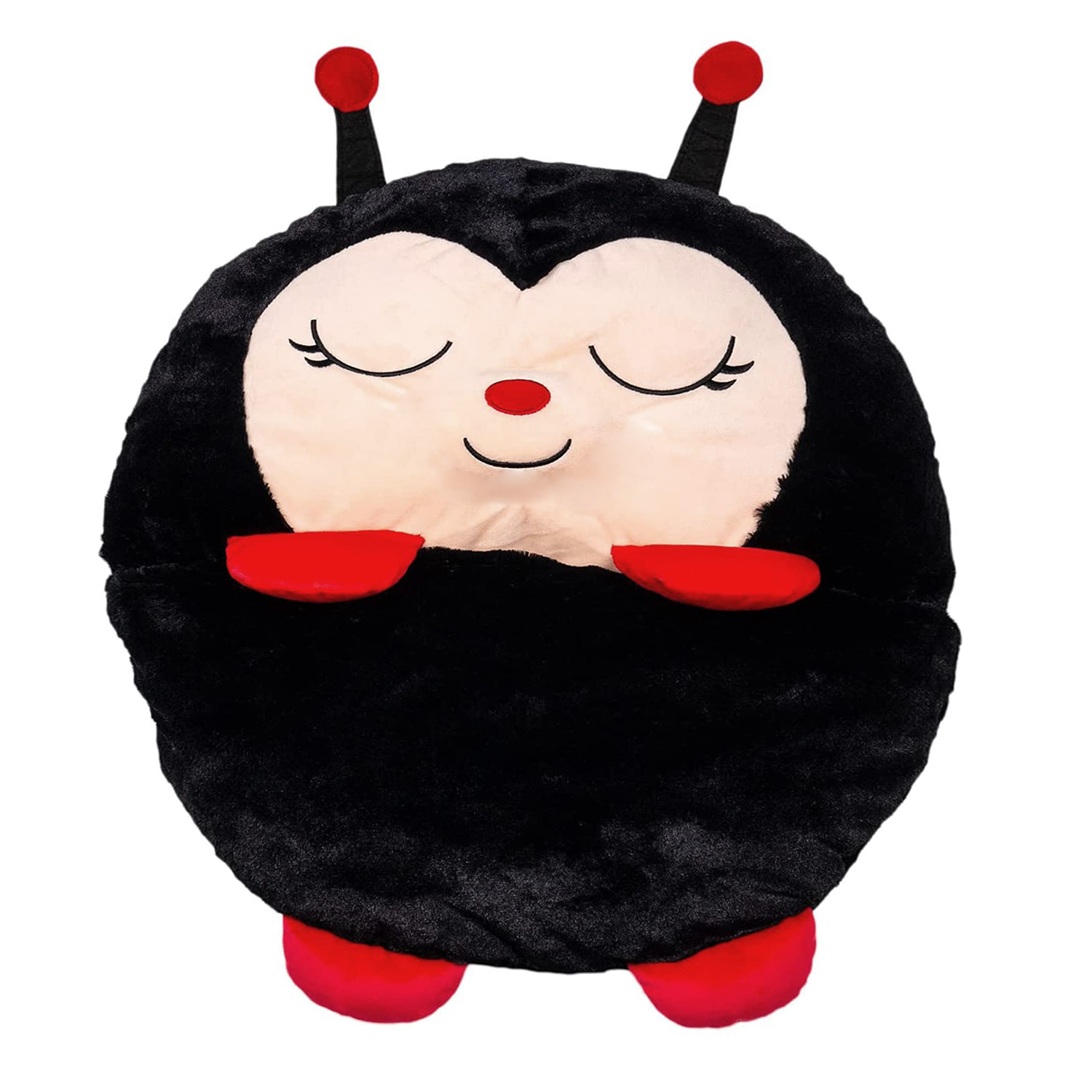 Una cama con forma de mariquita negra y roja con una cara durmiendo.