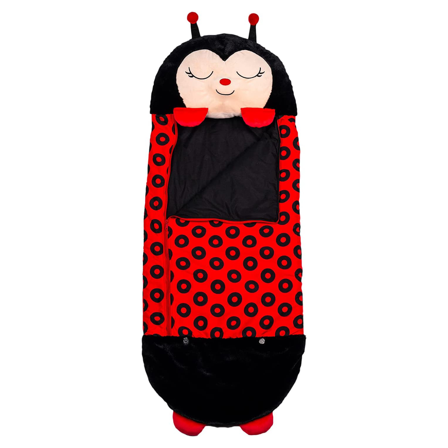 Un saco de dormir de mariquita. Es rojo con círculos negros. Tiene cabeza de mariquita.