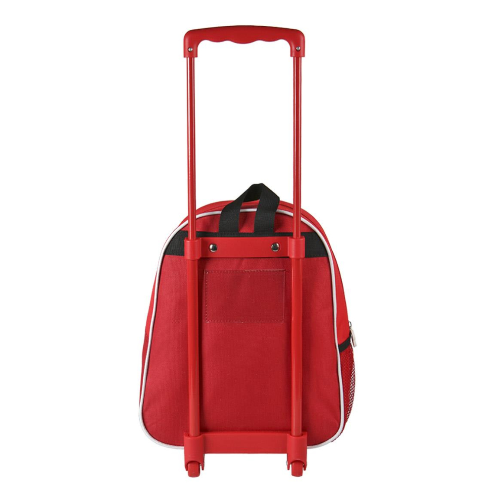 Mochila rodante roja con detalles negros, ribete blanco y asa roja.