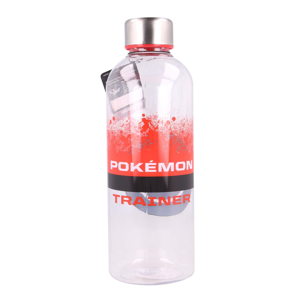 Transparente Wasserflasche mit Pokémon Trainer Design und Metallverschluss.