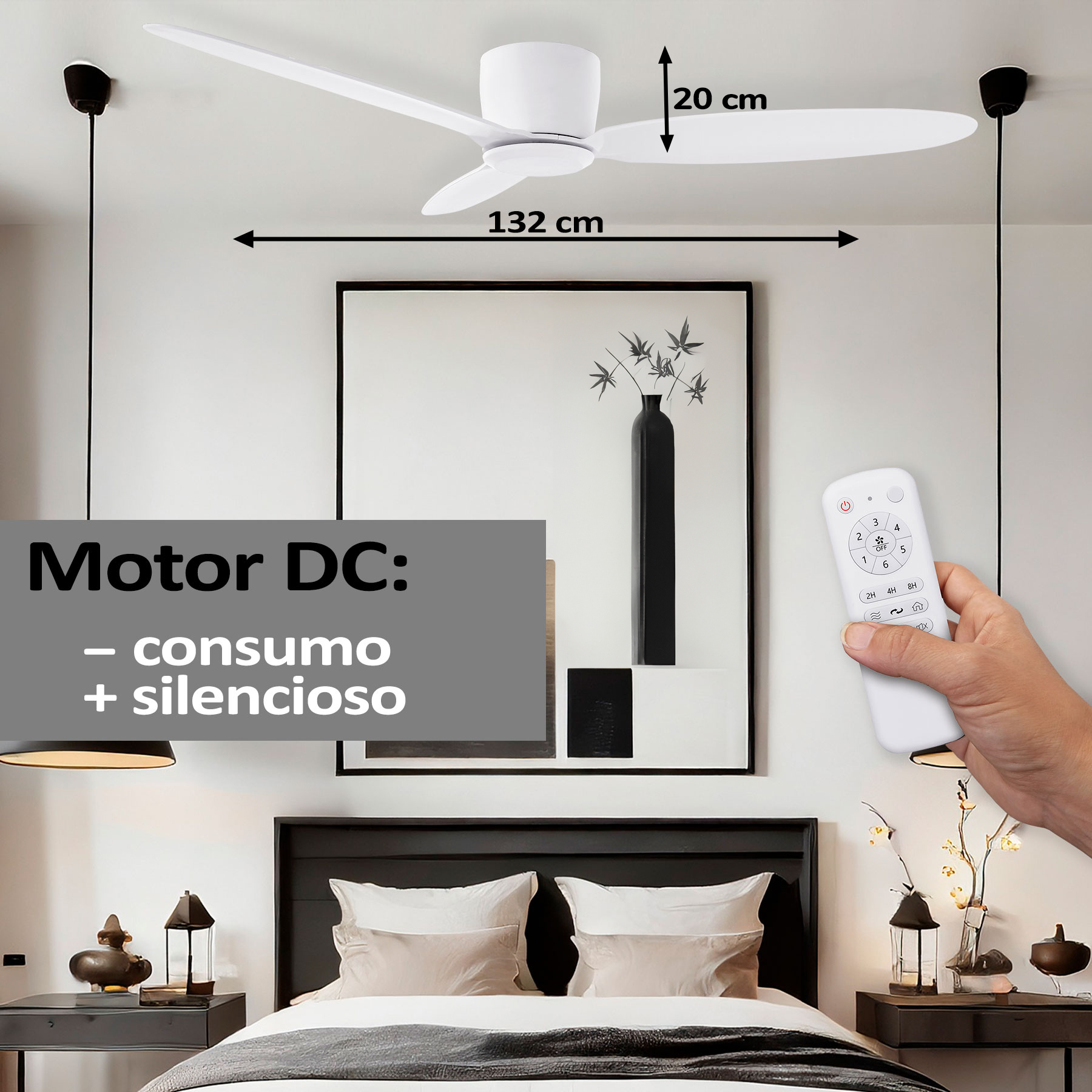 Ventilador de techo blanco con tres aspas, mando a distancia y cama al fondo.