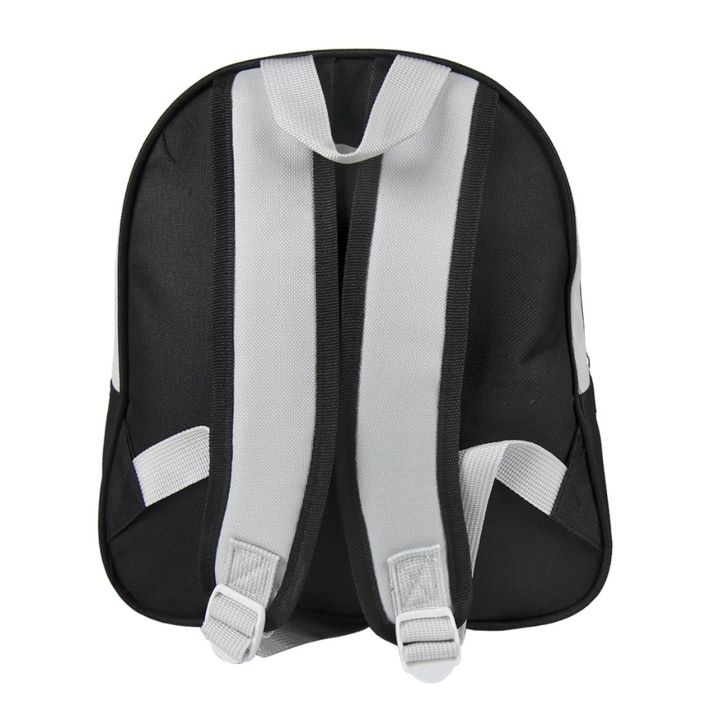 Parte trasera de mochila negra y gris. Correas grises, detalles blancos y hebillas ajustables. Fondo blanco.