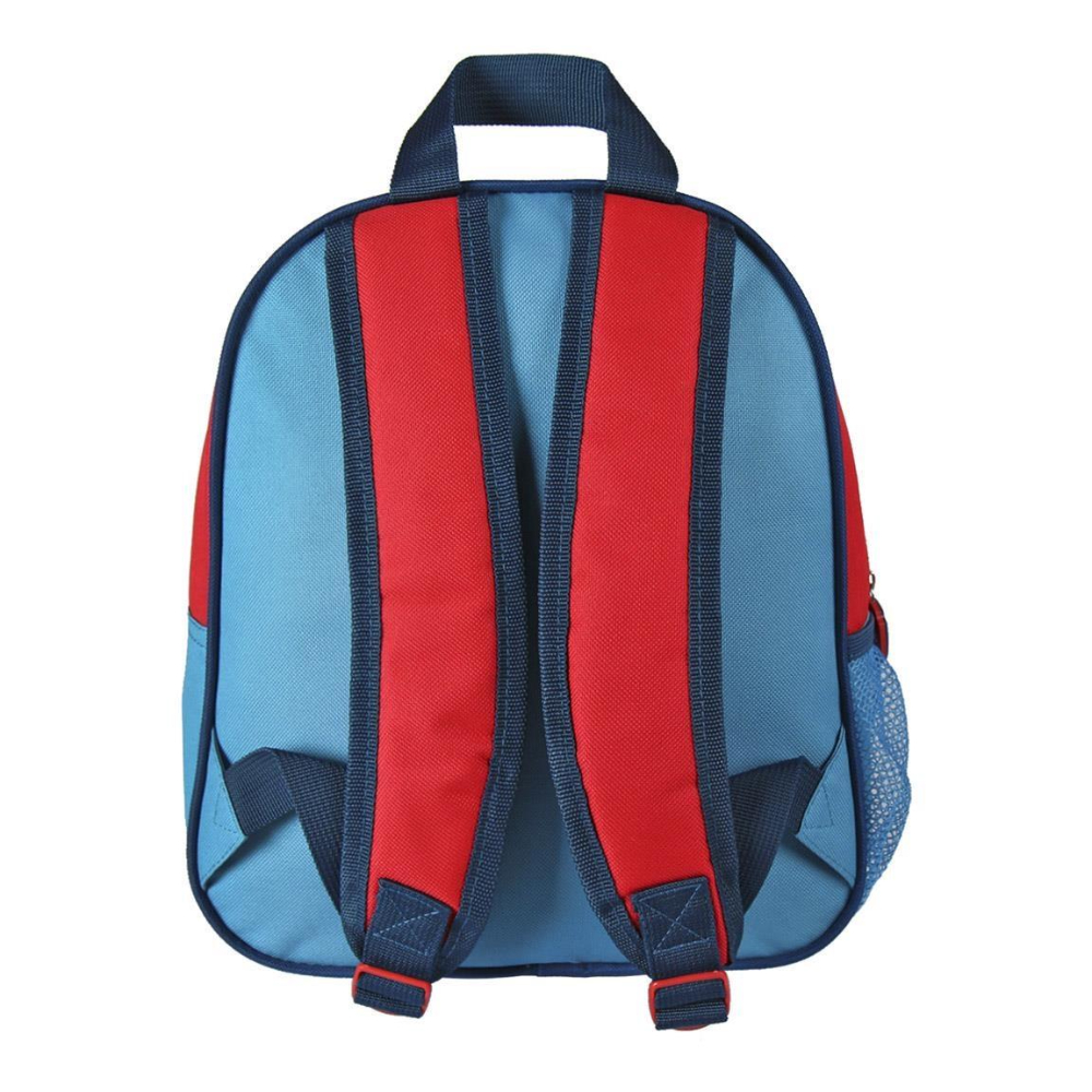 Parte trasera de la mochila de la Patrulla Canina. Rojo y azul. Correas rojas y detalles azules. Fondo blanco.