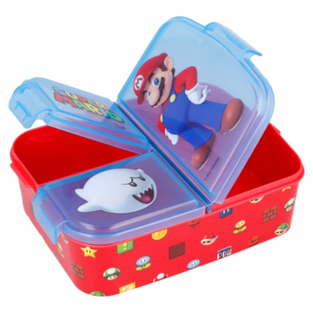 Eine Super Mario Brotdose mit Mario und einer Boo-Figur darin und drei Fächern.
