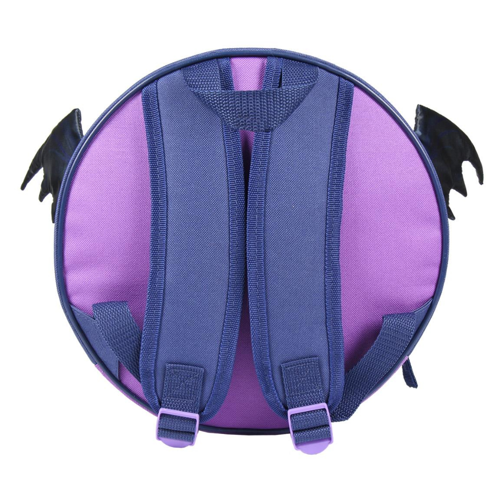 Parte trasera de una mochila redonda. Colores morado y azul. Dos correas y adornos en forma de alas.