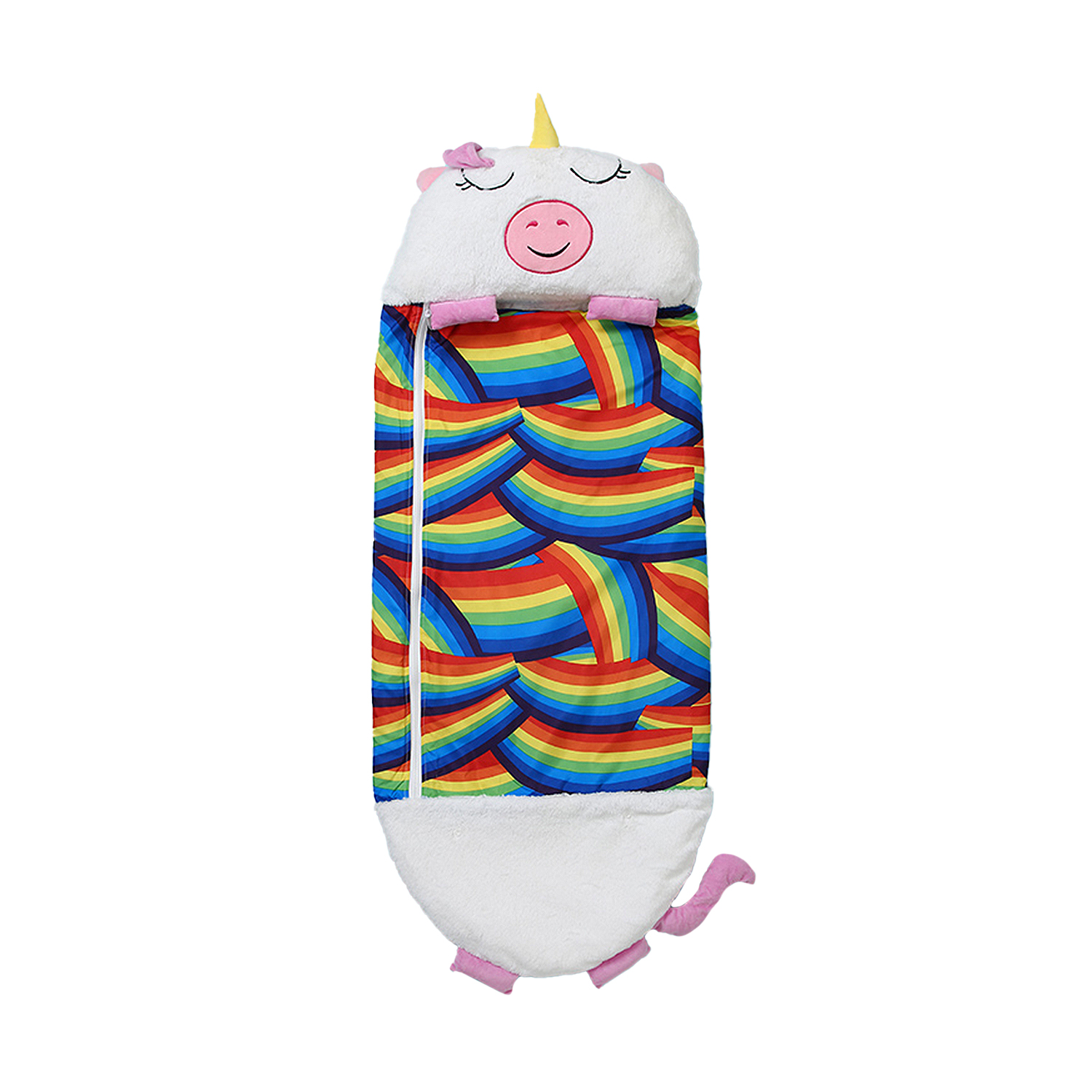 Ein Einhorn-Schlafsack mit Regenbogenmuster. Er hat einen Einhornkopf und -schwanz.