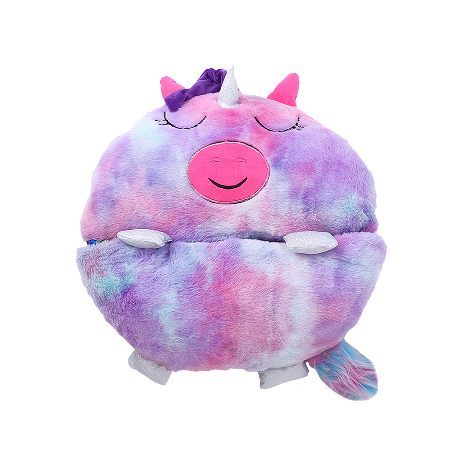 Un peluche unicorno tie-dye. Forma rotonda, occhi chiusi e coda arcobaleno.