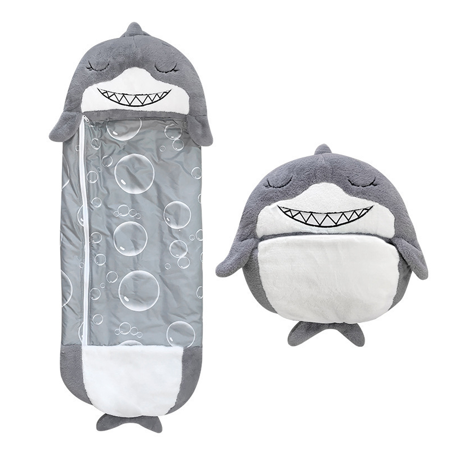 Set sacco a pelo e cuscino a forma di squalo. Grigio con bolle e faccia di squalo.