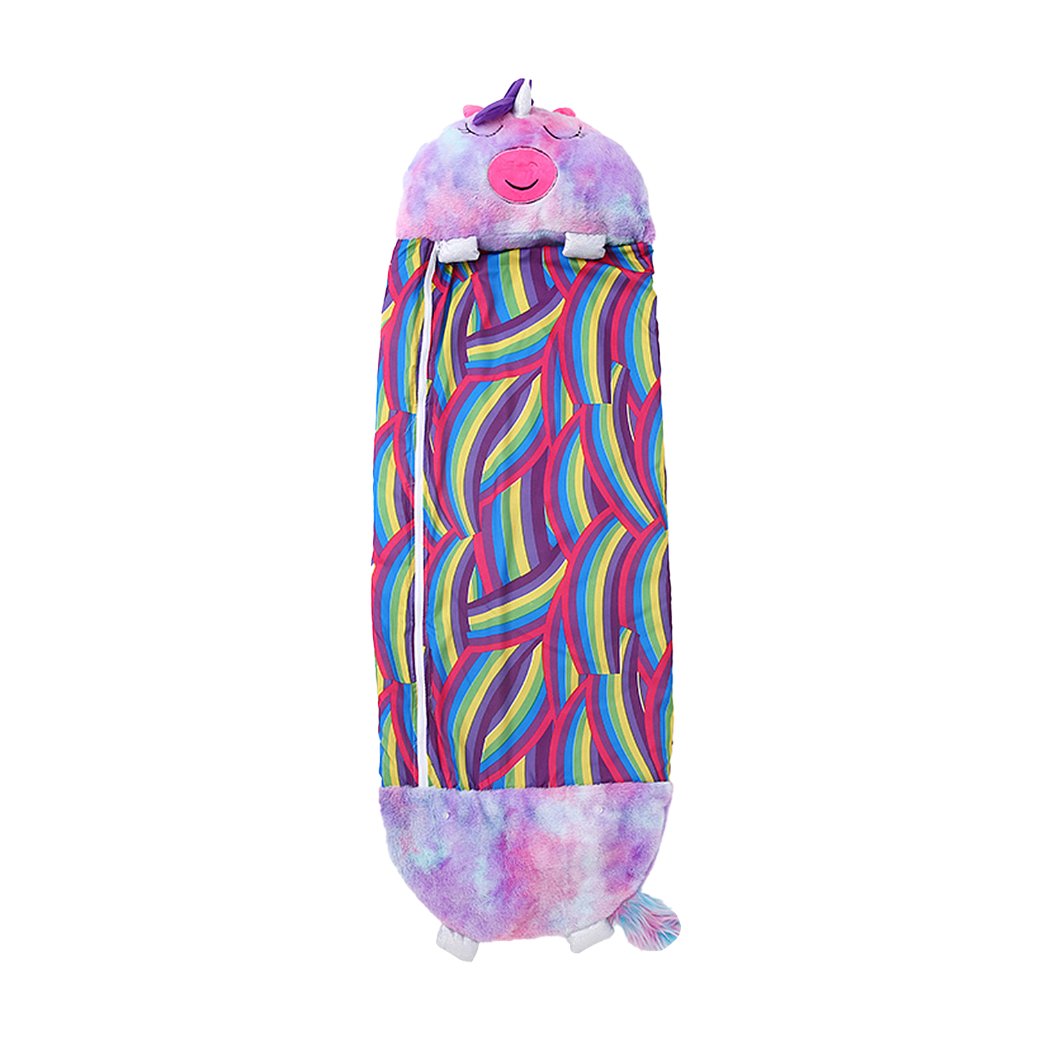 Un sacco a pelo a forma di unicorno. Ha una testa di unicorno e un motivo arcobaleno.