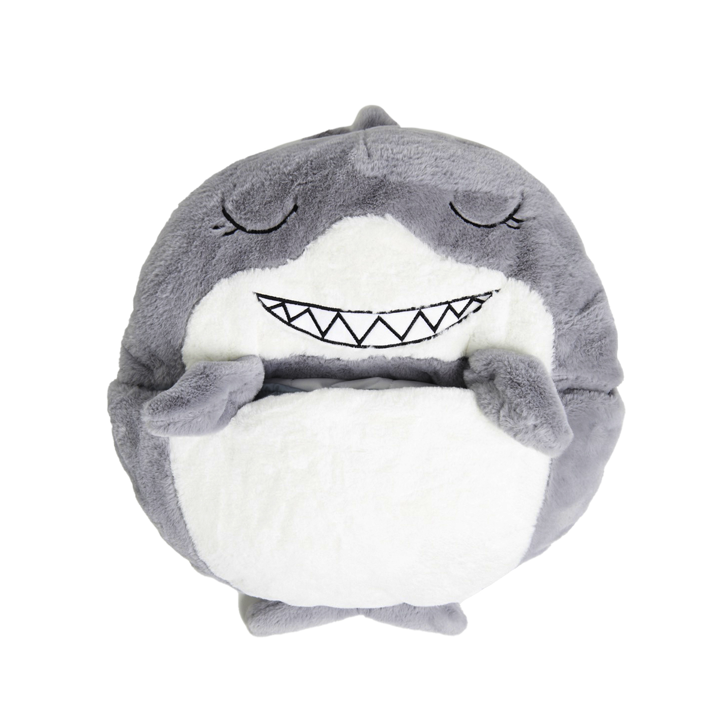 Squalo di peluche grigio rotondo con un volto sorridente. Lo squalo ha gli occhi chiusi.