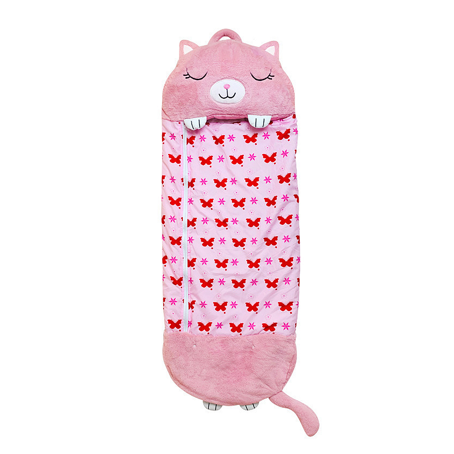 Sacco a pelo rosa a forma di gatto con motivo a farfalle rosse e cerniera.