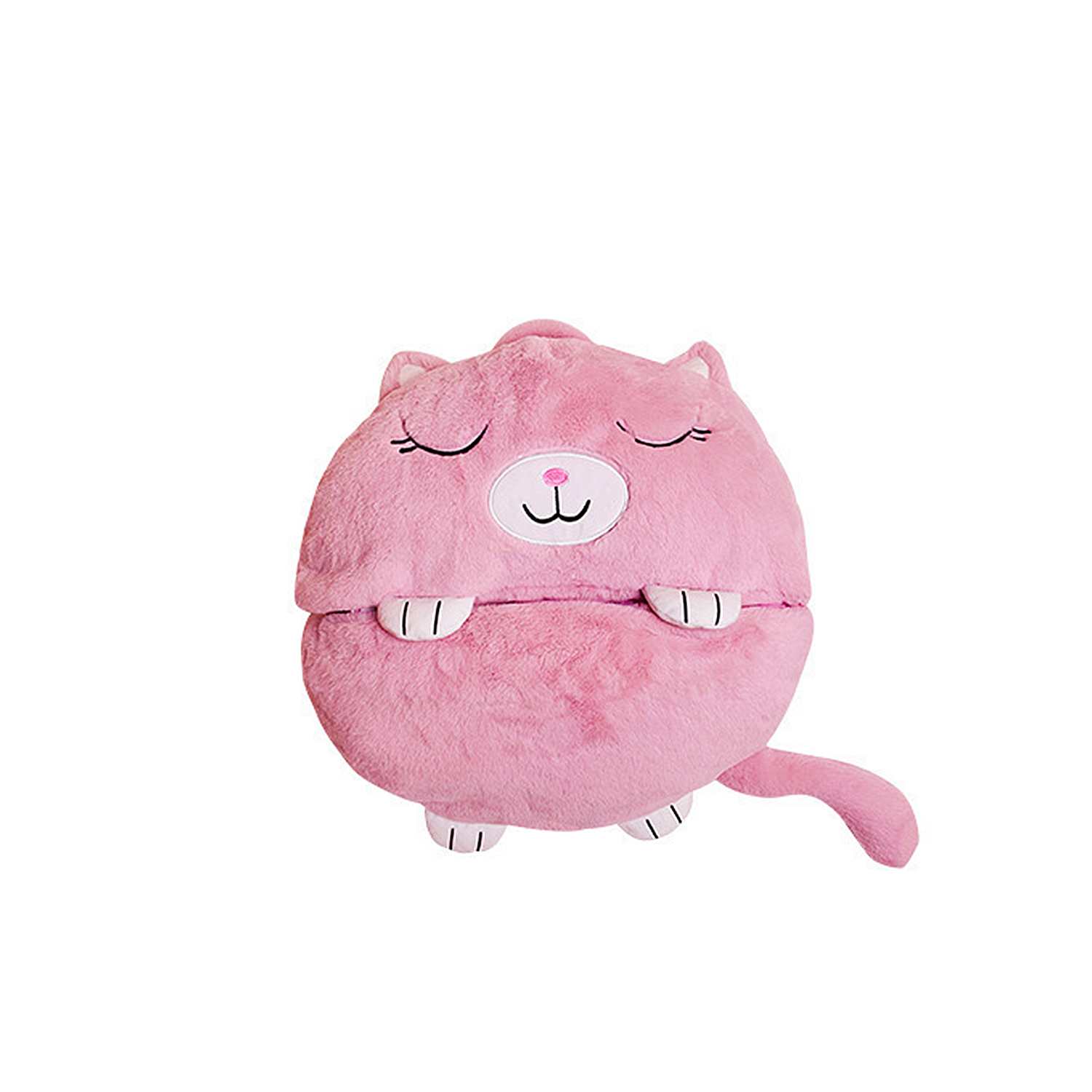 Peluche rosa a forma di gatto. Ha un viso e zampe, con una coda. Il corpo è piegato.