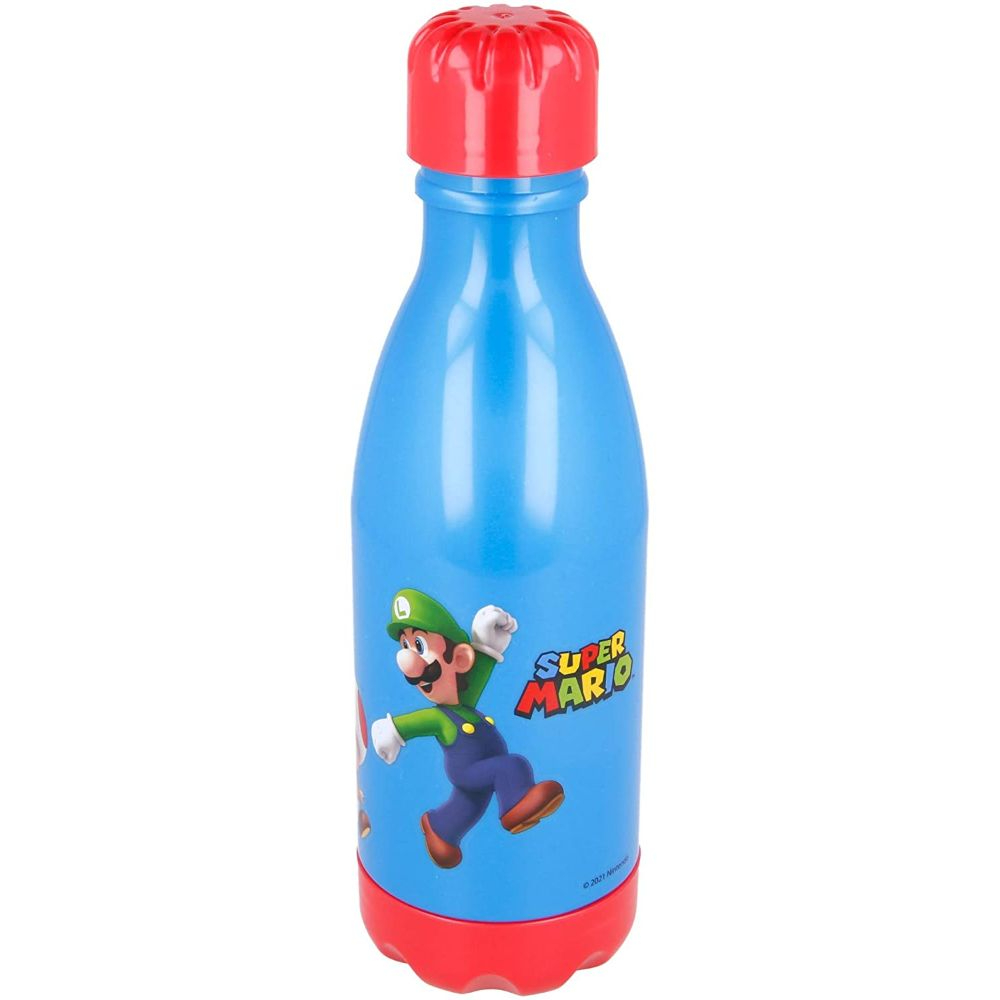 Eine blaue Super Mario Wasserflasche mit rennendem Mario und roter Kappe.