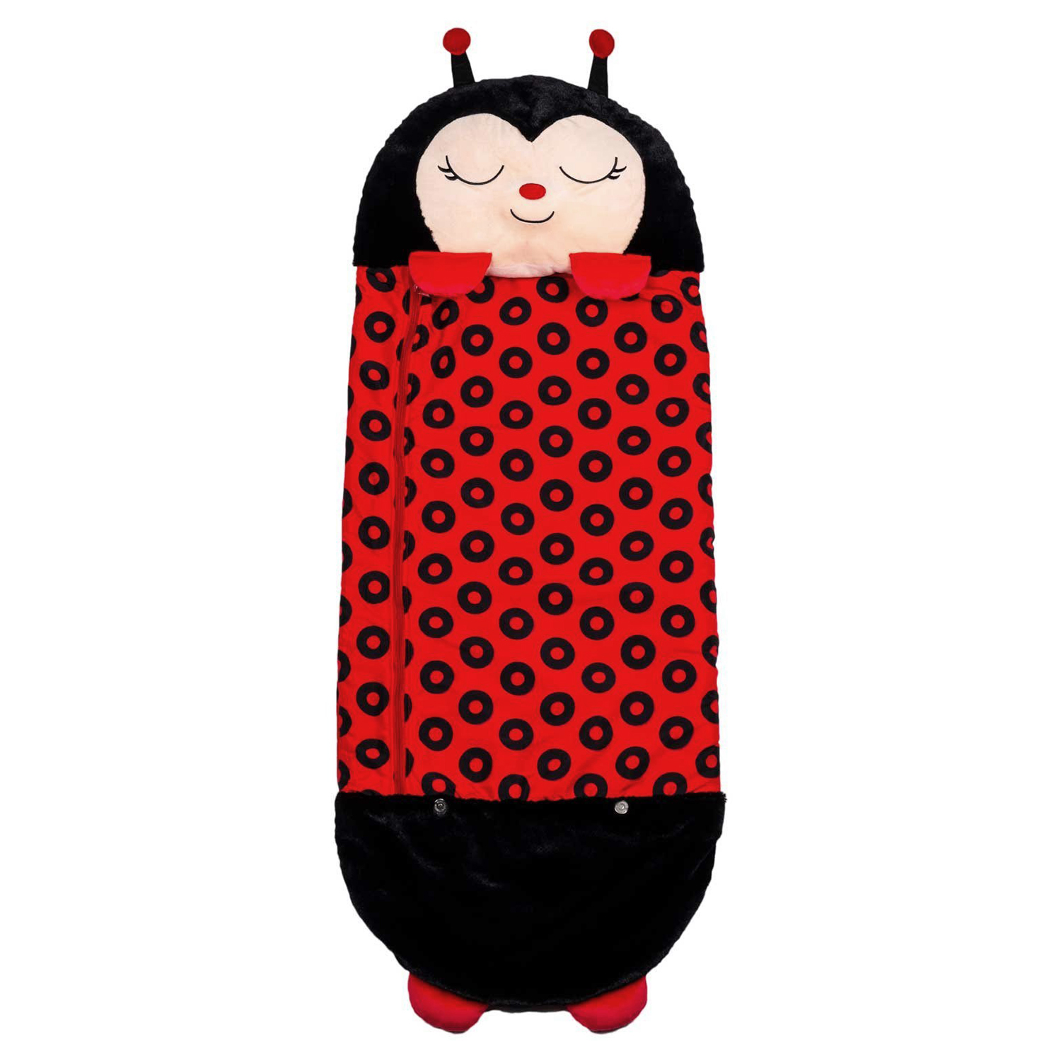 Un saco de dormir de mariquita. Rojo con círculos negros. Capucha negra con cara de mariquita.