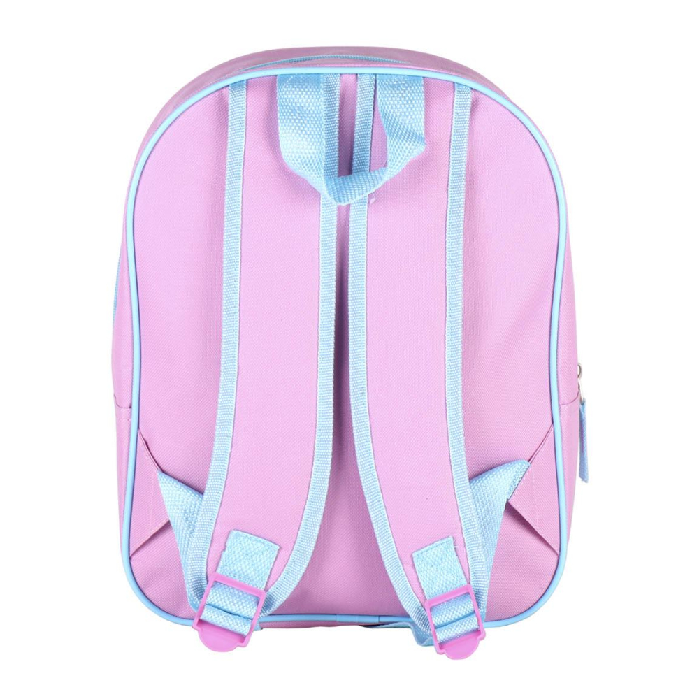 Vista trasera de una mochila rosa con correas y ribetes de color azul claro.