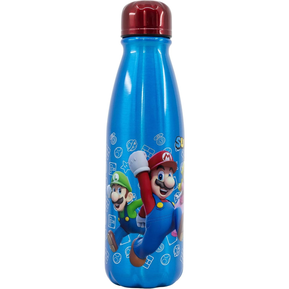 Eine blaue Metallwasserflasche mit rotem Deckel zeigt Super Mario-Charaktere.
