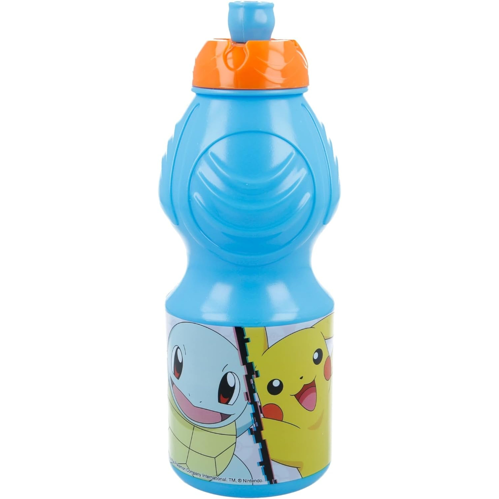 Blaue Pokemon-Wasserflasche mit orangefarbenem Deckel. Schiggy und Pikachu sind auf der Flasche.