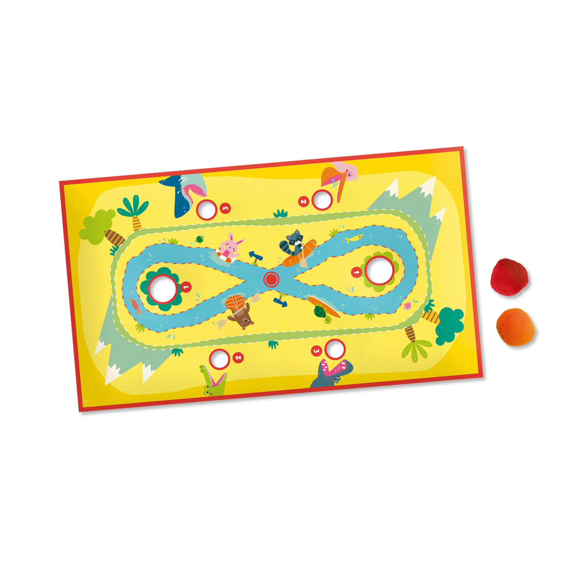 Gioco da tavolo con percorso, figurine di animali e due pezzi rossi/arancioni.