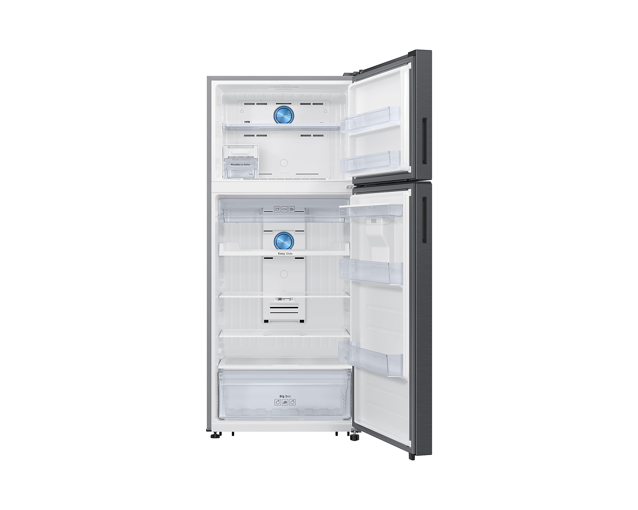 Otwarta szara lodówka z półkami i szufladami, na białym tle.