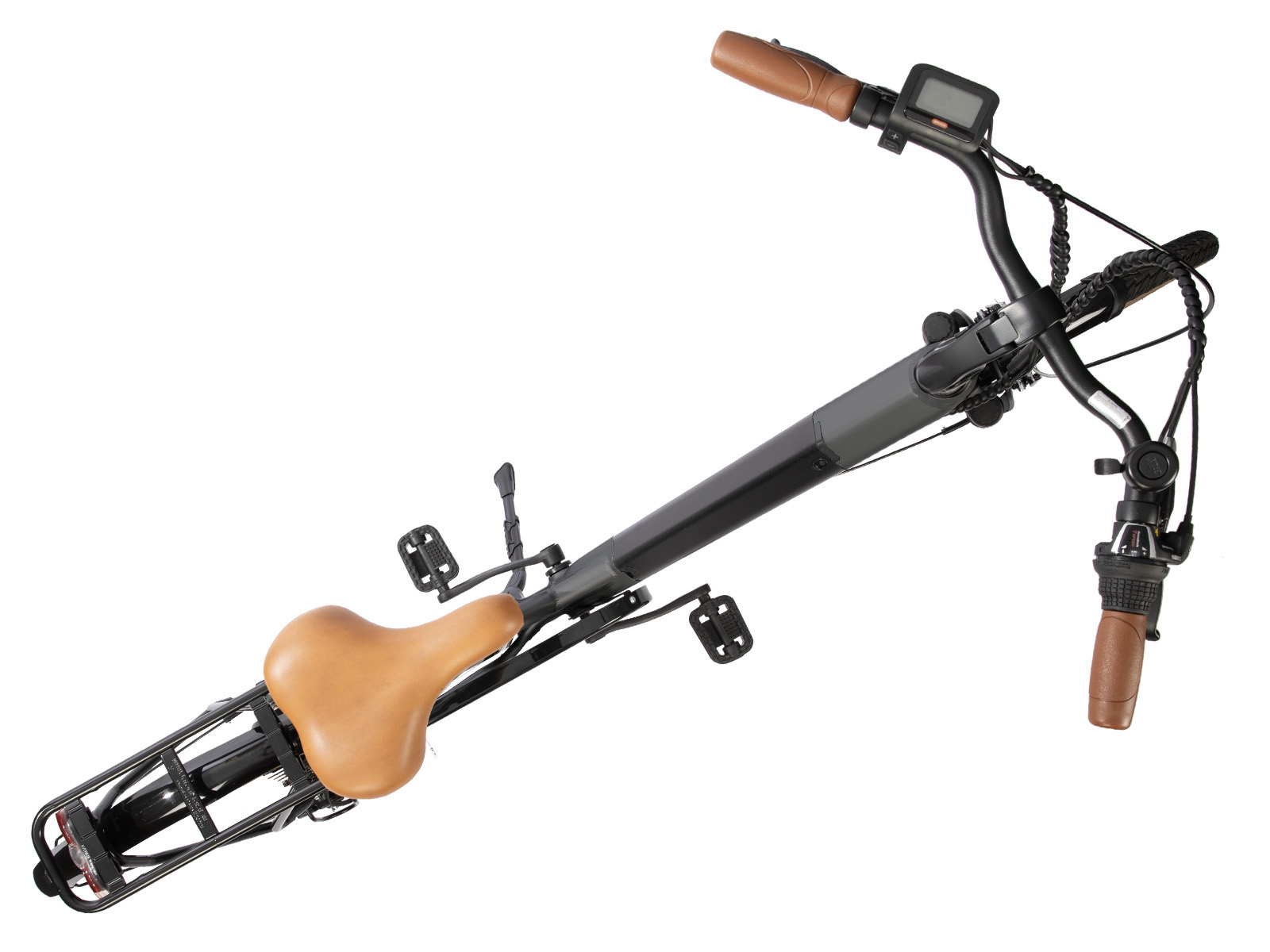 Overhead view of a black electric bicycle. Brown seat and handlebars are visible against a white background.