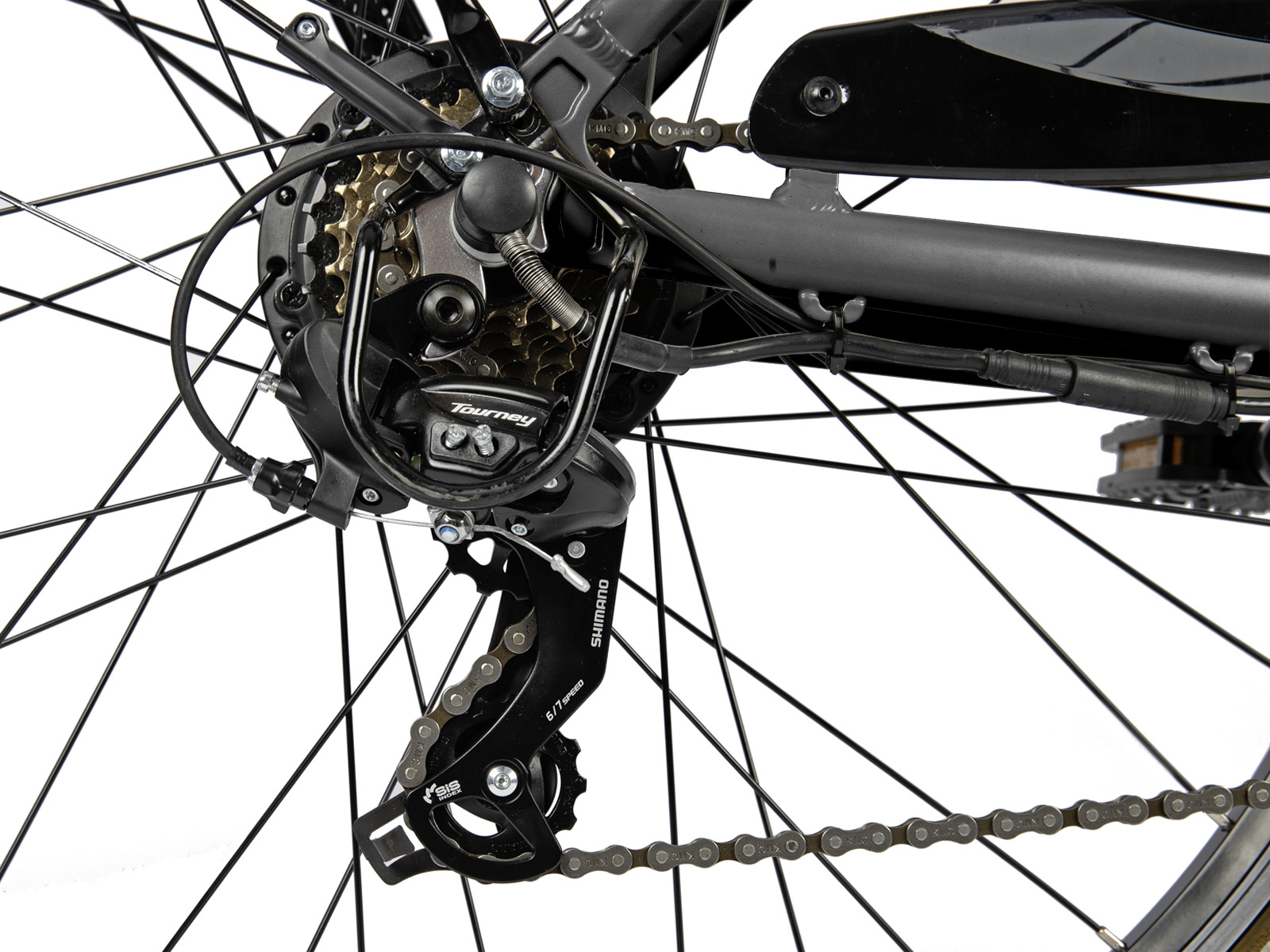 Bike wheel with gears and chain. Black derailleur. Dark gray bike frame.